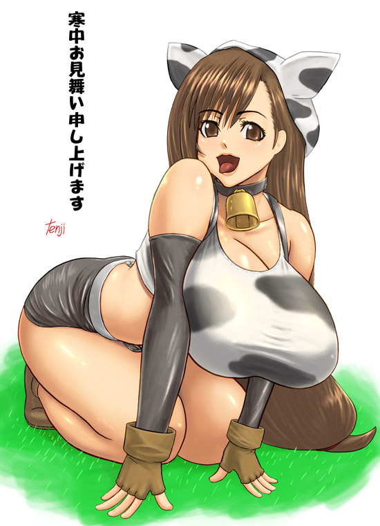 tifa lockhart, final fantasy, final fantasy vii, 1990s (style), animal costume, animal ears, animal print, bell, breasts, brown eyes, brown hair, cow, cow costume, cow ears, cow hat, cow print, detached sleeves, gloves, grass, huge breasts, large breasts, long hair, retro artstyle, shorts, tongue, very long hair