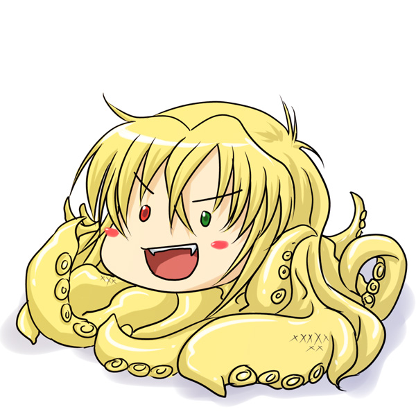 nozarashi satoru, katina tarask, megurine luka, takoluka, banpresto, super robot wars, super robot wars original generation, vocaloid, blonde hair, fang, fangs, heterochromia, parody