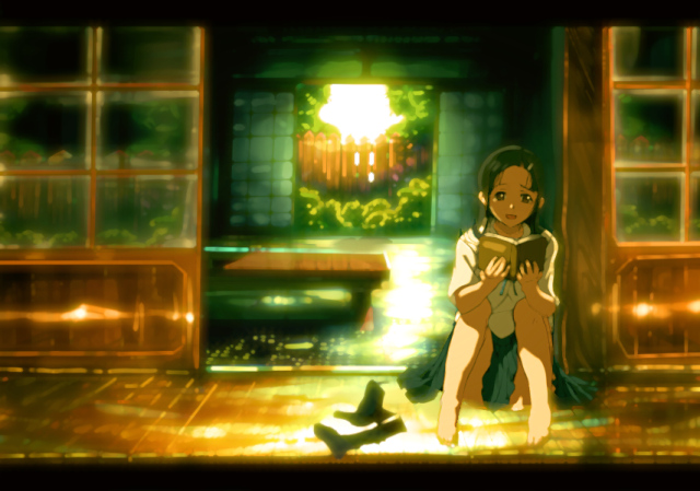 inumaroboya, inumaru (sougen no marogoya), original, barefoot, book, hair ornament, hairclip, sitting, skirt, solo