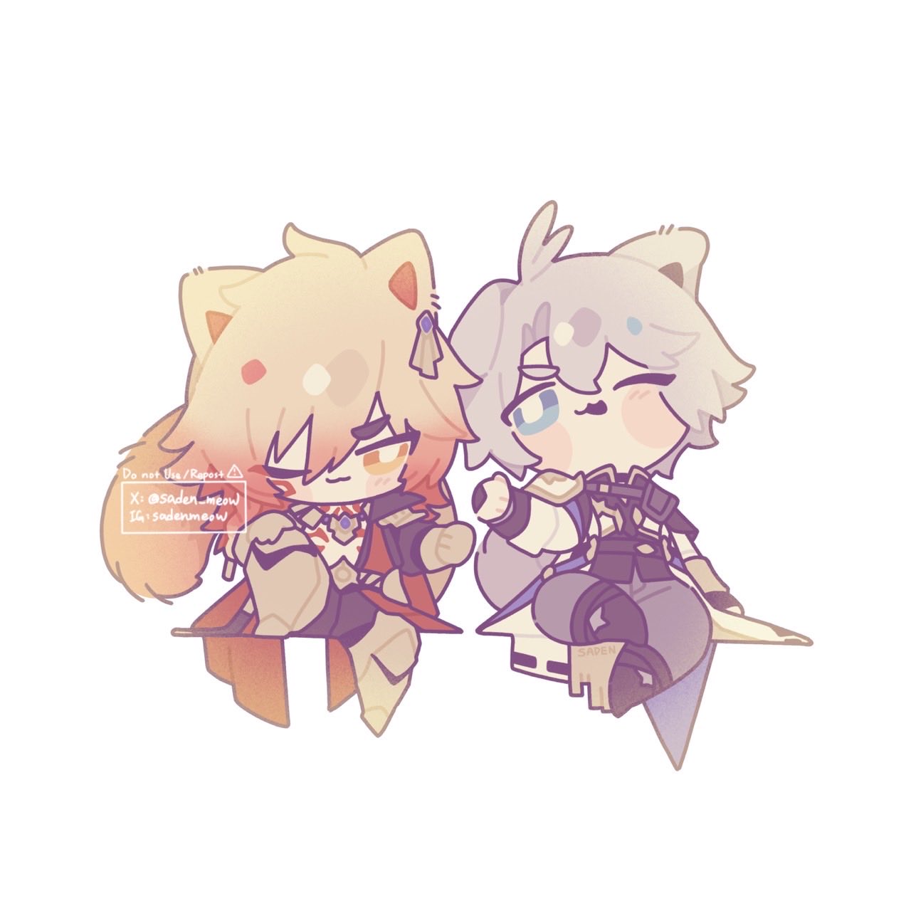 saden meow, mydei (honkai: star rail), phainon (honkai: star rail), honkai: star rail, honkai (series), commentary, english commentary, highres, 2boys, antenna hair, arm tattoo, armlet, armor, armored boots, black choker, black coat, black pants, black shirt, blonde hair, blue eyes, boots, braid, chest tattoo, chibi, choker, clawed gauntlets, coat, earrings, facial tattoo, gold earrings, gold necklace, gradient hair, jewelry, male focus, medium hair, multicolored hair, multiple boys, neck tattoo, necklace, open clothes, open coat, pants, parted bangs, pauldrons, red hair, red tattoo, shirt, short hair, shoulder armor, side braid, simple background, single pauldron, sun symbol, sun tattoo, tan, tattoo, watermark, white background, white coat, white hair, yellow eyes