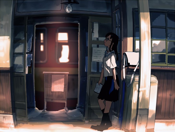 inumaroboya, inumaru (sougen no marogoya), original, black hair, glasses, long hair, school uniform, solo, train station