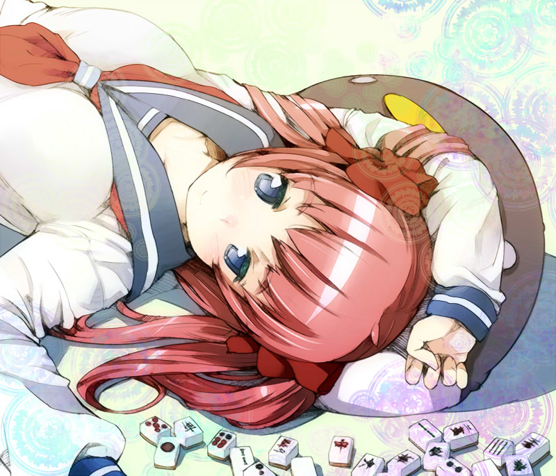 harepore, etopen, haramura nodoka, saki (manga), 00s, 1girl, blue eyes, board game, female focus, long hair, lying, mahjong, pink hair, ribbon, school uniform, serafuku, solo, twintails