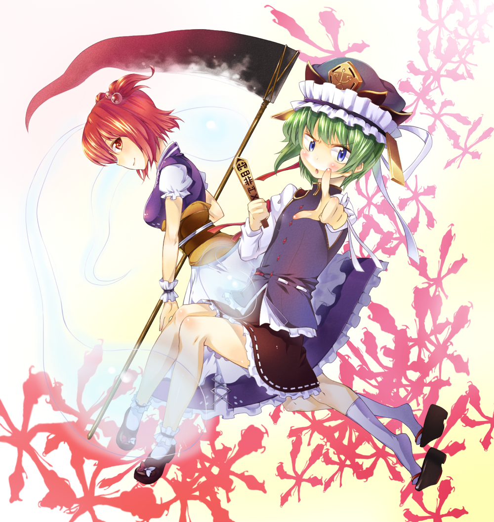 kazuma (kazumav), onozuka komachi, shiki eiki, touhou, 2girls, blue eyes, clog sandals, cross-eyed, female focus, ghost, green hair, hair bobbles, hair ornament, hat, multiple girls, red eyes, red hair, rod of remorse, scythe, short hair, twintails, two side up