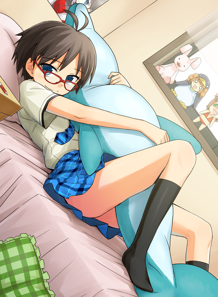 heebee, kikuchi makoto, nonowa, idolmaster, idolmaster (classic), 00s, 1girl, antenna hair, bed, black socks, doll, dutch angle, female focus, glasses, hug, hugging object, kneehighs, lying, necktie, on back, pen, pillow, pillow hug, plaid clothes, plaid skirt, rough time school, school uniform, short hair, skirt, socks, solo, stuffed animal, stuffed toy