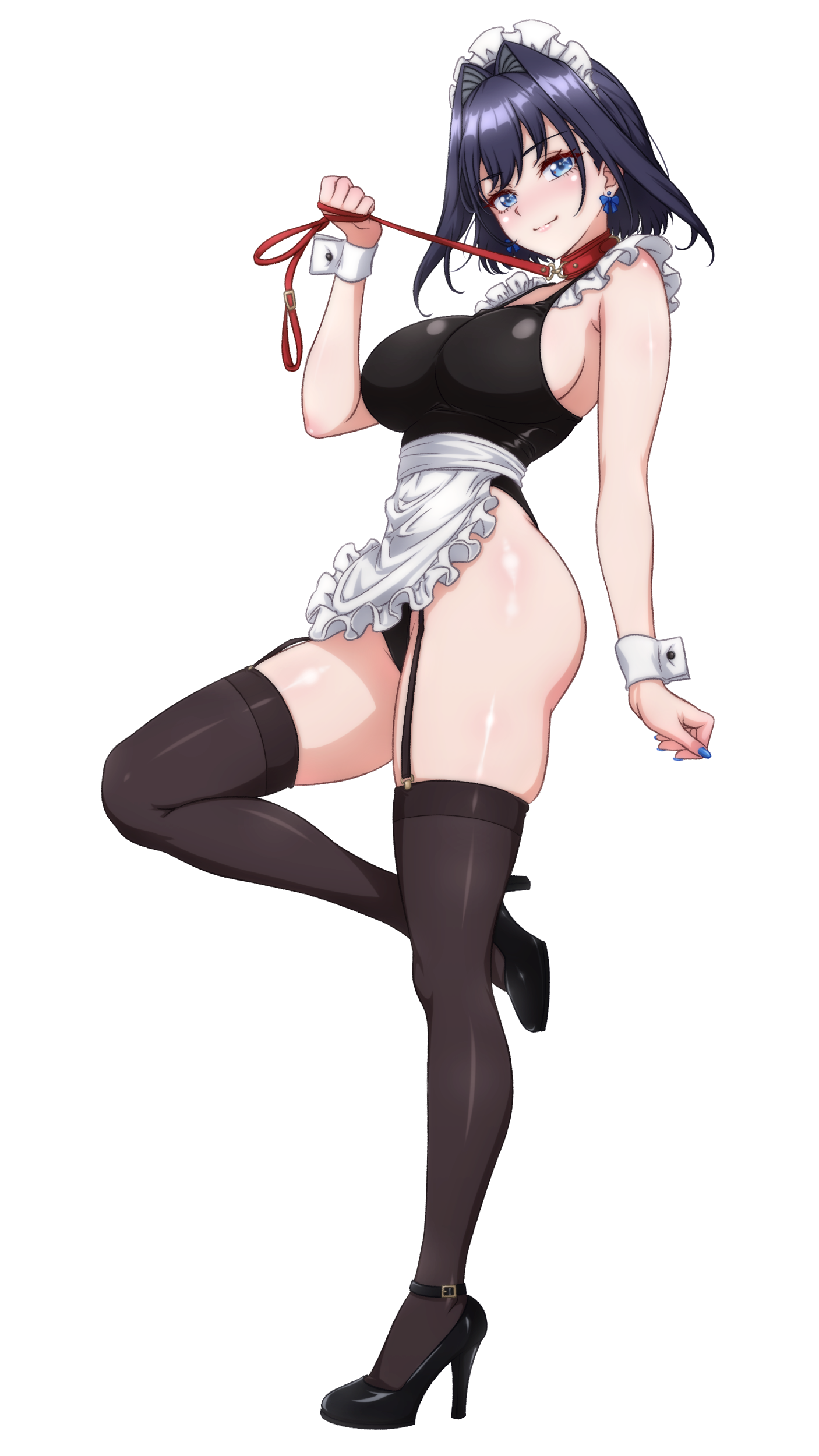 p-nekoe, ouro kronii, hololive, hololive english, absurdres, commentary, english commentary, highres, 1girl, alternate costume, apron, black hair, black leotard, black shoes, blue eyes, blue hair, breasts, closed mouth, collar, full body, garter straps, hair intakes, high heels, holding own leash, large breasts, leotard, looking at viewer, maid apron, maid headdress, red collar, shoes, short hair, simple background, smile, solo, standing, standing on one leg, strappy heels, thighhighs, virtual youtuber, white background