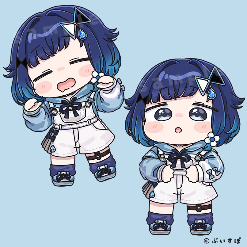 mochimiko, tsumugi kokage, vspo!, commentary request, official art, 1girl, :o, blue background, blue eyes, blue hair, blue hoodie, blue shoes, blush stickers, chibi, closed eyes, drawstring, gradient hair, hair intakes, hood, hood down, hoodie, long sleeves, loose socks, multicolored hair, multiple views, open mouth, overall shorts, overalls, parted lips, puffy long sleeves, puffy sleeves, purple socks, shoes, simple background, socks, standing, virtual youtuber
