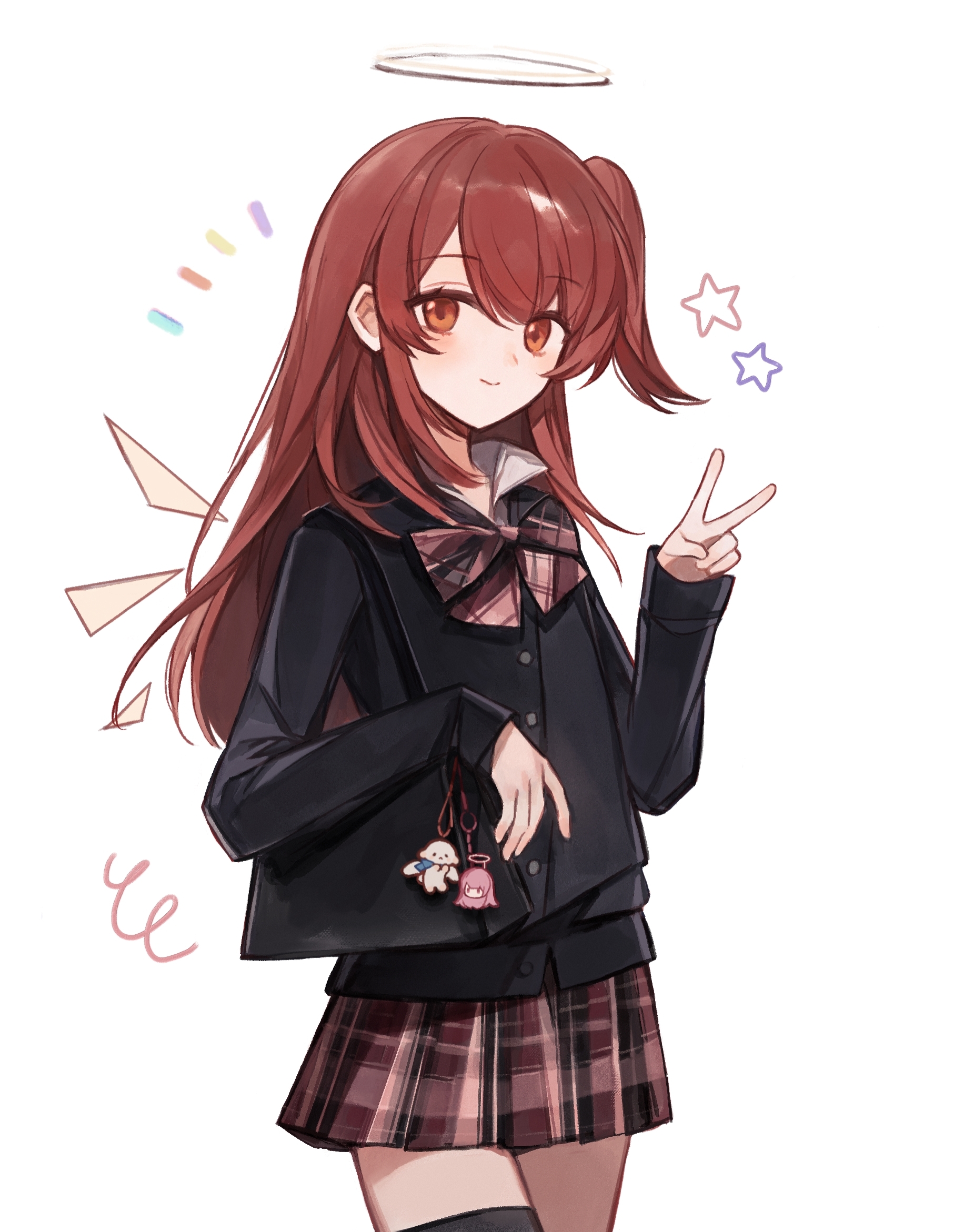 crisa940, exusiai (arknights), arknights, chinese commentary, commentary request, highres, 1girl, bag, black cardigan, black thighhighs, blush, bow, bowtie, brown bow, brown bowtie, brown hair, brown skirt, buttons, cardigan, charm (object), closed mouth, cowboy shot, detached wings, halo, handbag, long hair, long sleeves, looking at viewer, miniskirt, notice lines, one side up, orange eyes, plaid bow, plaid bowtie, plaid clothes, plaid skirt, pleated skirt, school uniform, simple background, skirt, smile, solo, standing, star (symbol), thighhighs, traditional halo, v, white background, white halo, wings