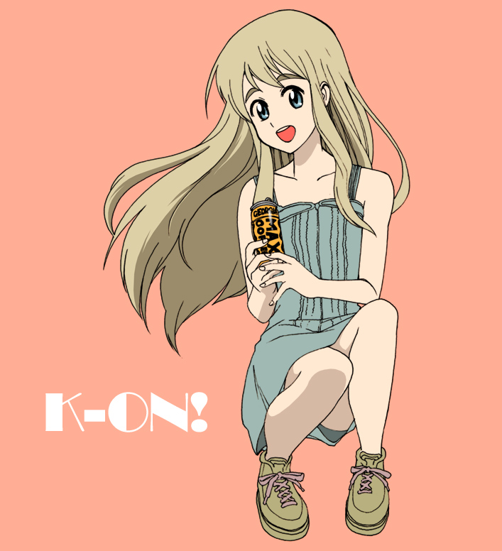 kikumaru bunta, kotobuki tsumugi, k-on!, eyebrows, 00s, 1girl, brown hair, female focus, full body, long hair, no socks, shoes, smile, sneakers, solo