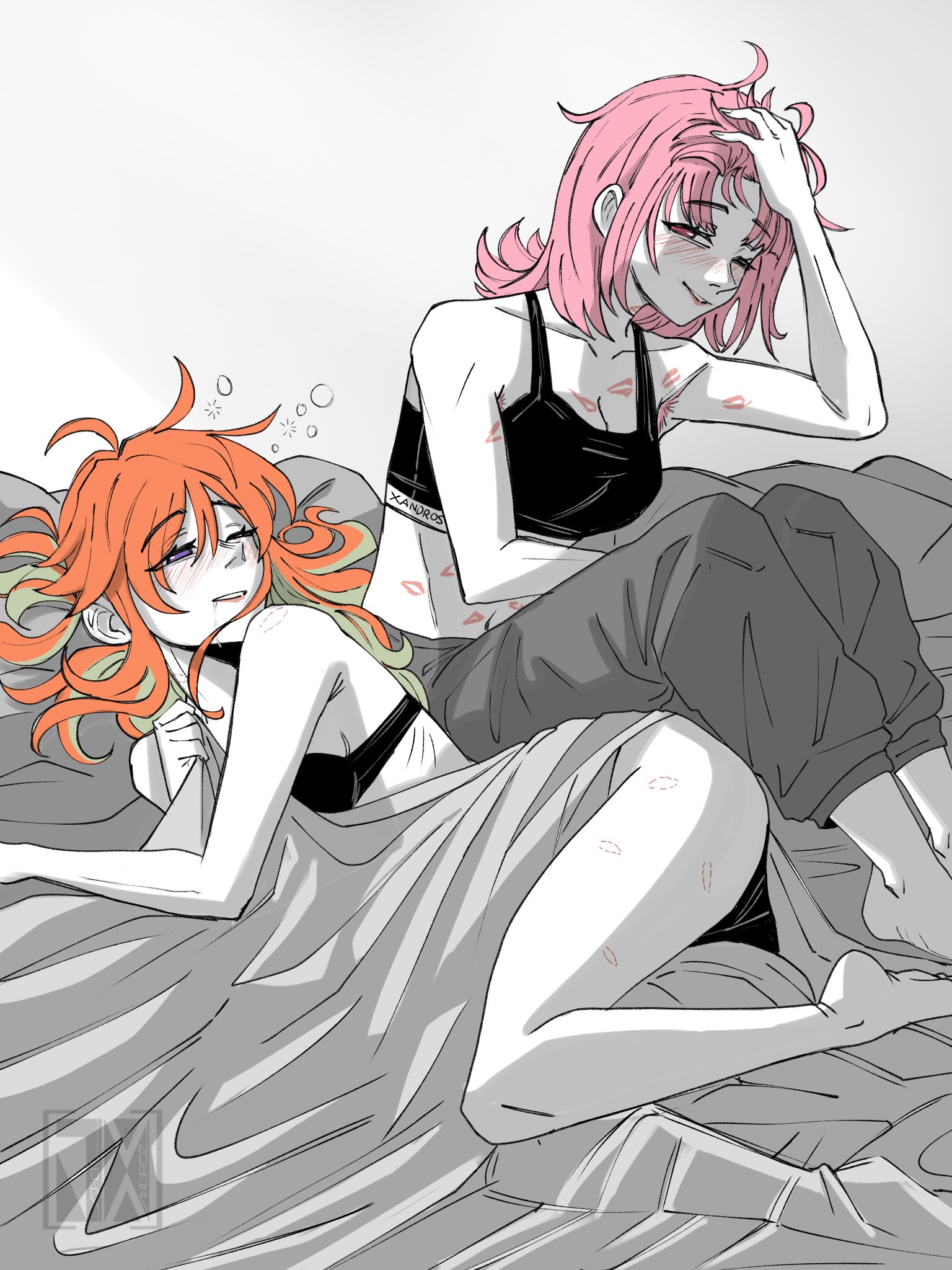 jasper xandros, mori calliope, takanashi kiara, hololive, hololive english, highres, 2girls, alternate costume, armpit hair, barefoot, bite mark, bite mark on neck, bite mark on shoulder, bite mark on thigh, blush, breasts, couple, earrings, feather earrings, feathers, gradient hair, green hair, jewelry, large breasts, lipstick mark, lipstick mark on arm, lipstick mark on breast, lipstick mark on neck, lipstick mark on stomach, long hair, morning after, multicolored hair, multiple girls, open mouth, orange hair, pink hair, purple eyes, smile, soles, squeans, virtual youtuber, yuri