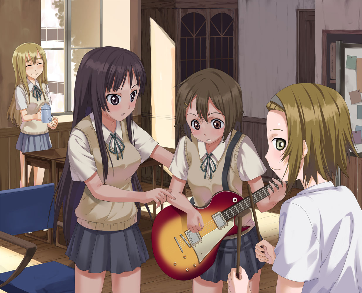yamamoto shima, akiyama mio, hirasawa yui, kotobuki tsumugi, tainaka ritsu, k-on!, 00s, 4girls, electric guitar, gibson les paul, guitar, ho-kago tea time, instrument, multiple girls, school uniform, vest
