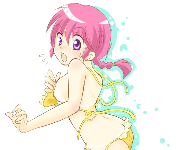 hanamutsuki, ranma-chan, saotome ranma, ranma 1/2, 1girl, ass, bikini, braid, braided ponytail, breasts, butt crack, female focus, genderswap, genderswap (mtf), large breasts, open mouth, red hair, side-tie bikini bottom, sideboob, single braid, solo, surprised, swimsuit, wardrobe malfunction, yellow bikini
