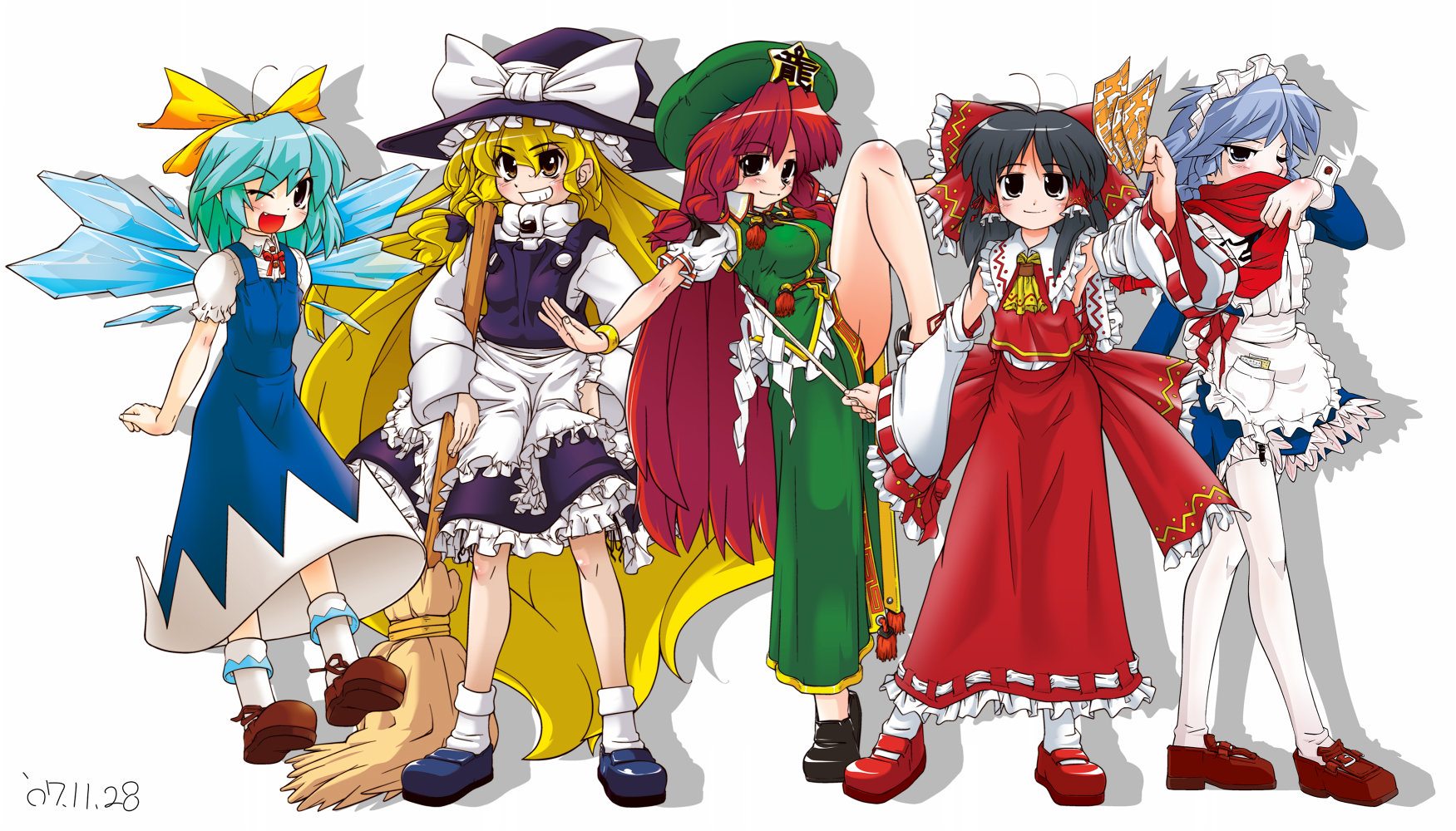 yakuta tetsuya, cirno, hakurei reimu, hong meiling, izayoi sakuya, kirisame marisa, embodiment of scarlet devil, perfect cherry blossom, touhou, silver hair, highres, 5girls, black hair, blonde hair, blue eyes, blue hair, bow, braid, broom, china dress, chinese clothes, detached sleeves, dress, gohei, hair bow, hairband, hat, long hair, multiple girls, red hair, scarf, short hair, thighhighs, twin braids, wings, wink, witch hat, yellow eyes