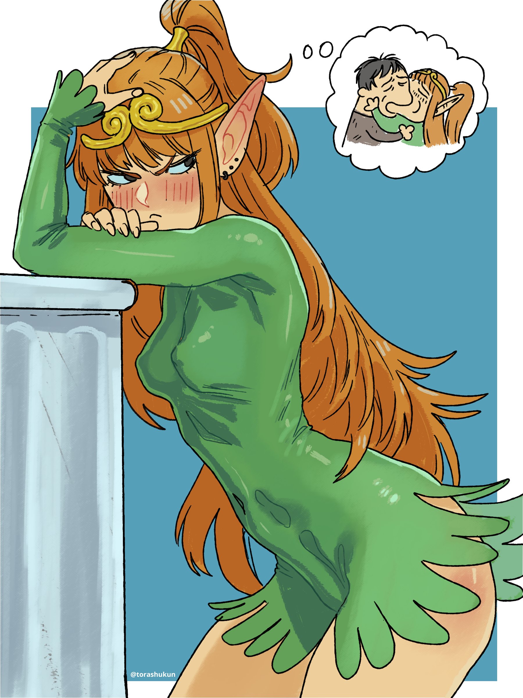 torashu-kun, elf (merrivius), human (merrivius), elf comic, absurdres, highres, 1boy, 1girl, black hair, blush, borrowed character, breasts, brown tunic, circlet, covered erect nipples, dress, elf, frown, gold circlet, green dress, high ponytail, imagining, long hair, long sleeves, meme, orange hair, pointy ears, ponytail, simple background, small breasts, tsundere, tunic, very long ears, very long hair, yoshi and toad kissing (meme)