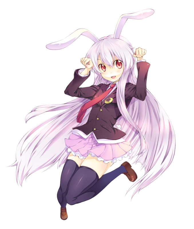 kazuma (kazumav), reisen udongein inaba, touhou, light purple hair, 1girl, animal ears, blazer, caramelldansen, female focus, frills, full body, jacket, long hair, necktie, pleated skirt, purple hair, rabbit ears, rabbit girl, rabbit tail, red eyes, red necktie, simple background, skirt, solo, tail, thighhighs, very long hair