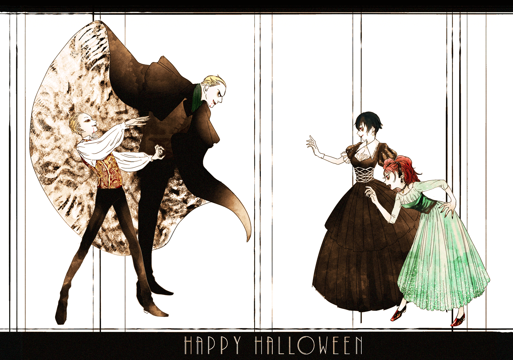 nemo (nm20000), konishi naoki, kujikawa rise, shirogane naoto, tatsumi kanji, persona, persona 4, highres, 2boys, 2girls, black dress, blue hair, cape, dress, halloween, happy halloween, long hair, multiple boys, multiple girls, open mouth, short hair, smile, vampire