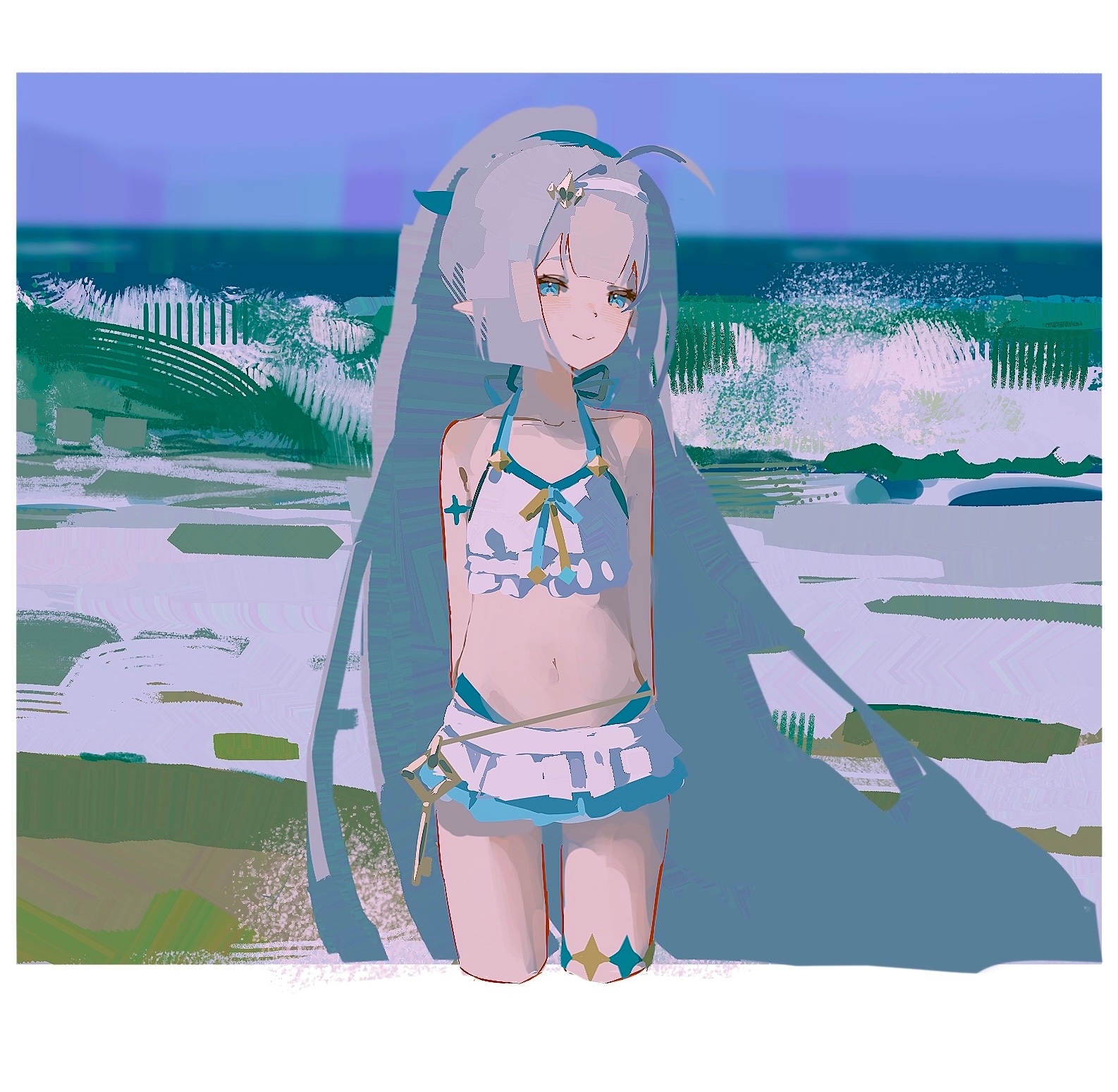 medamayaki27760, female tyrant (stella sora), tyrant (stella sora), stella sora, highres, variant set, 1girl, ahoge, arms behind back, bare arms, bare shoulders, bikini, bikini skirt, blue eyes, blue ribbon, blue sky, border, brush stroke, center-flap bangs, cropped legs, flat chest, frilled bikini, frills, grey hair, hair ornament, hairband, halterneck, high ponytail, highleg, highleg bikini, horizon, key, long hair, looking at viewer, microskirt, midriff, muted color, navel, neck ribbon, ocean, official alternate costume, official alternate hairstyle, outdoors, painterly, petite, ponytail, ribbon, shore, skirt, sky, smile, solo, split mouth, standing, surf, swimsuit, thigh strap, very long hair, waves, white bikini, white border, white hairband, white skirt, wide ponytail