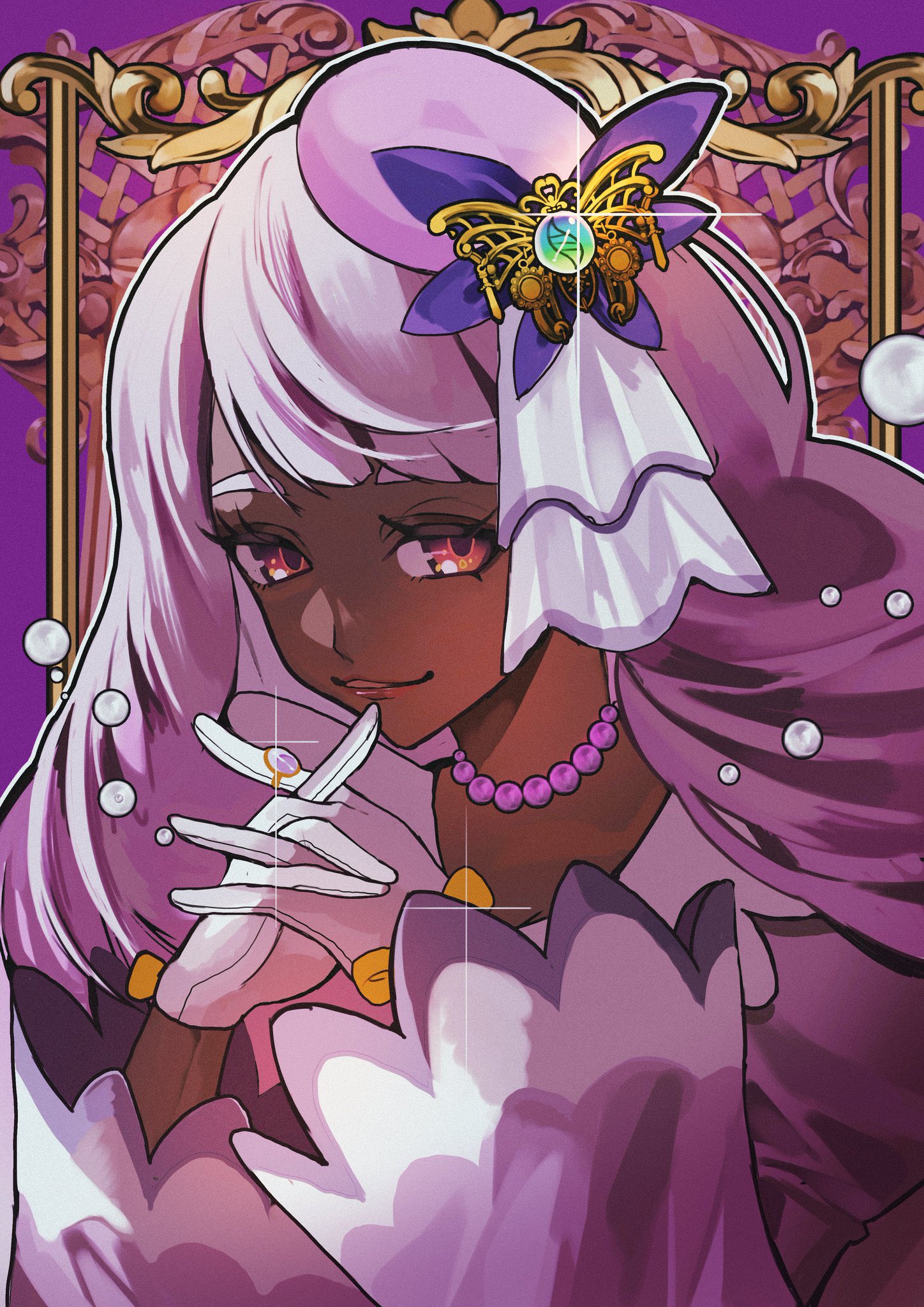 reo (mmocc123), jacinthe (pokemon), nintendo, pokemon, pokemon legends: z-a, highres, 1girl, border, dark-skinned female, dark skin, fascinator, gem, glint, gloves, gold ring, hair ornament, hands up, interlocked fingers, jewelry, long hair, long sleeves, looking at viewer, low drills, mega stone, necklace, ornate border, own hands together, parted lips, pearl (gemstone), pearl necklace, purple background, purple eyes, purple hair, smile, solo, upper body, very dark skin, white gloves