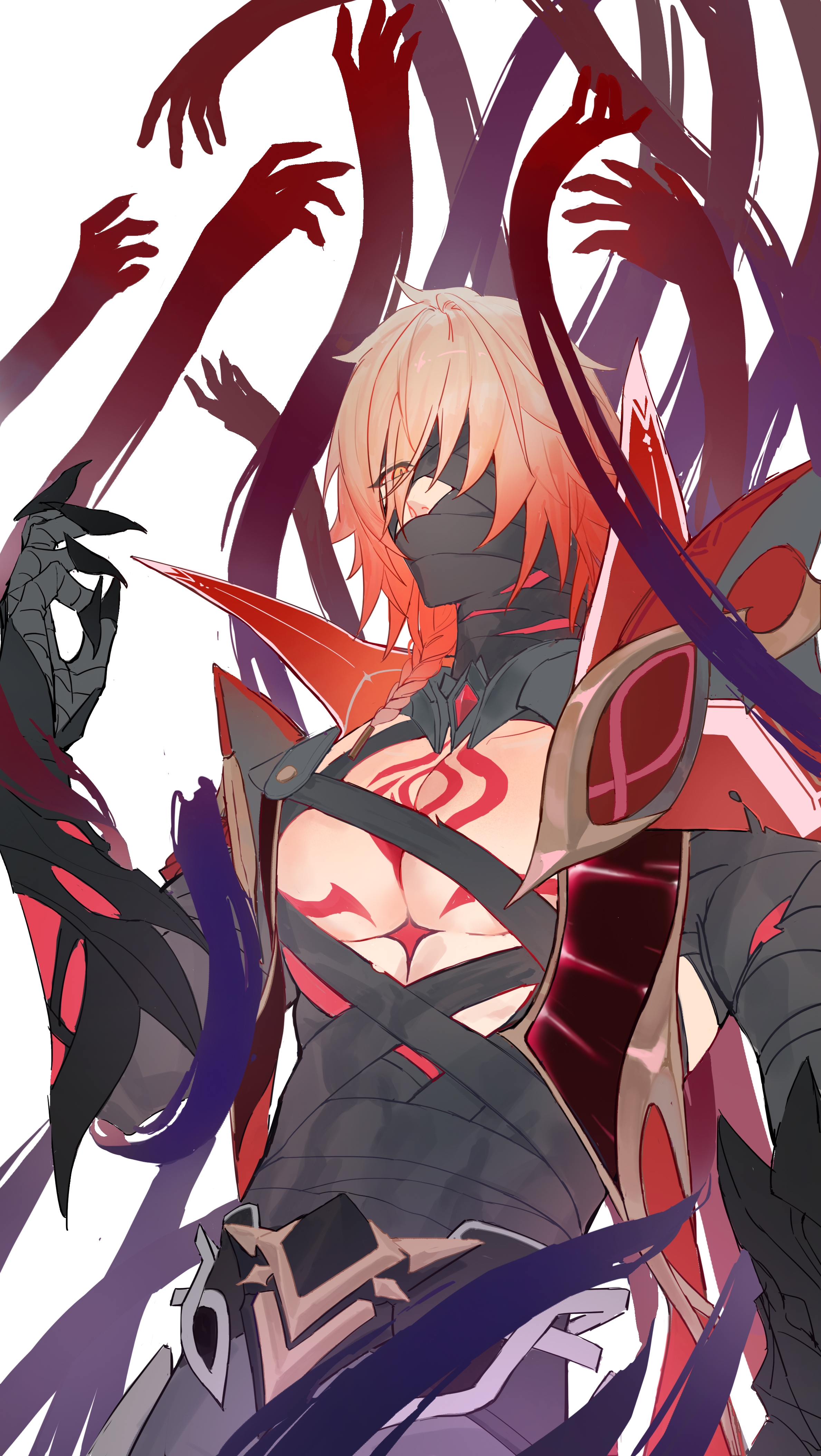 mydei (honkai: star rail), rerir (genshin impact), honkai: star rail, honkai (series), absurdres, highres, 1boy, bandage over one eye, bandaged arm, bandaged torso, bandages, bandages over mouth, blonde hair, braid, chest tattoo, chron1897, collared cape, cosplay, facial tattoo, gradient hair, large pectorals, male focus, medium hair, multicolored hair, mystical high collar, pectorals, red hair, red tattoo, rerir (genshin impact) (cosplay), shadow hands, side braid, solo, tattoo, yellow eyes