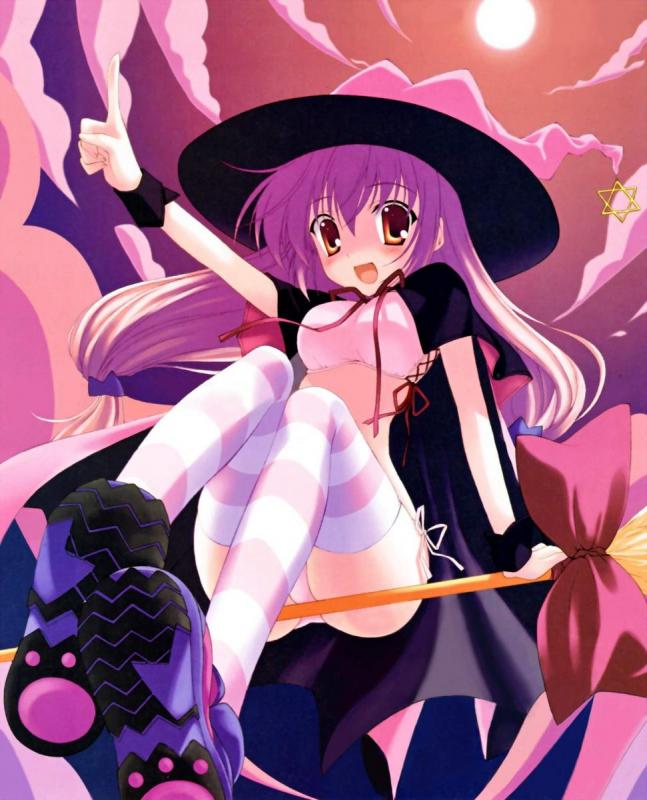 nanao naru, bishoujo purimoba, 1girl, :d, ankle boots, arm support, blush, boots, bow, bra, broom, broom riding, cape, cloud, female focus, fisheye, floating hair, flying, foreshortening, from below, full moon, hair between eyes, hat, hexagram, long hair, low-tied long hair, moon, night, night sky, open mouth, orange eyes, outdoors, outstretched arm, panties, paw print, pink bra, pink hair, pink panties, pink thighhighs, pointing, ribbon, scrunchie, side-tie panties, sitting, sky, smile, solo, striped clothes, striped thighhighs, thighhighs, twintails, underwear, underwear only, white thighhighs, witch, witch hat, wrist cuffs