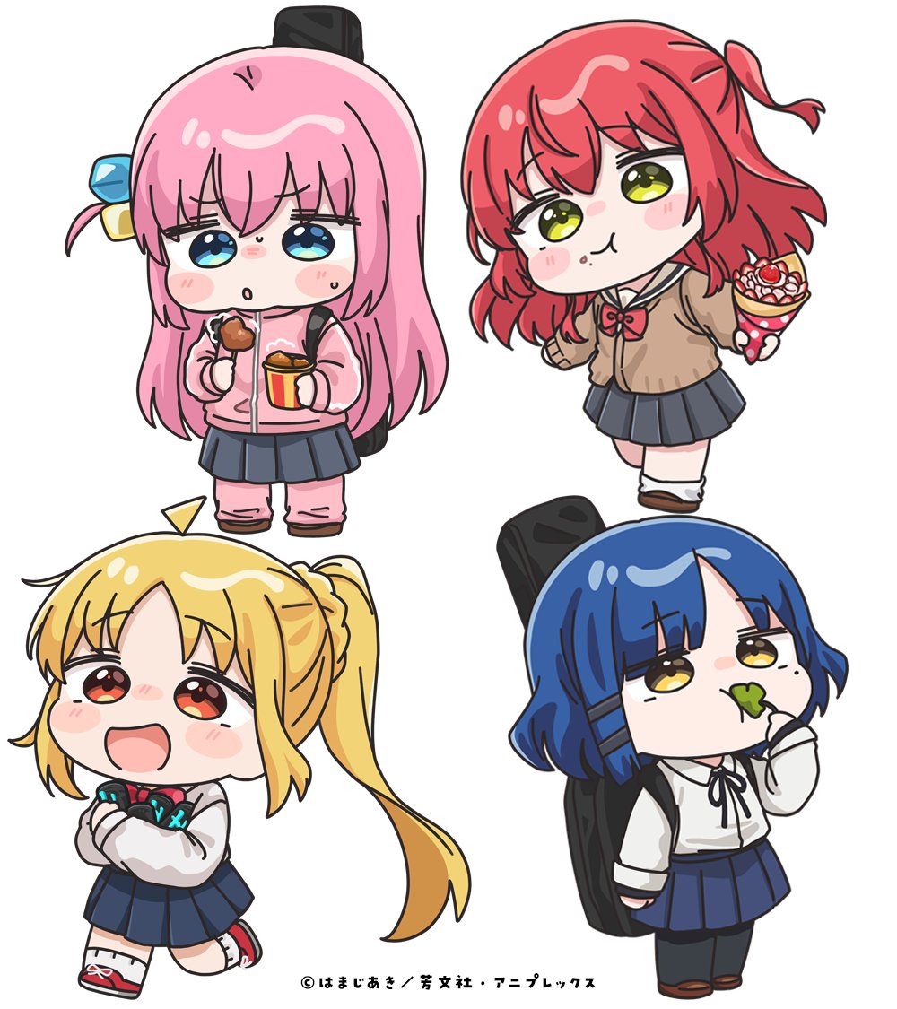 mochimiko, gotoh hitori, ijichi nijika, kita ikuyo, yamada ryo, bocchi the rock!, commentary request, official art, 4girls, :t, ahoge, black pantyhose, black ribbon, black skirt, blonde hair, blowing on food, blue eyes, blue hair, blue skirt, bow, brown cardigan, brown eyes, brown shoes, cardigan, chibi, chicken (food), closed mouth, clover, collared shirt, crepe, cube hair ornament, dress shirt, food, food on face, four-leaf clover, green eyes, hair ornament, holding, holding food, hugging object, instrument case, jacket, long sleeves, multiple girls, neck ribbon, one side up, pants, pants under skirt, pantyhose, parted lips, pink hair, pink jacket, pink pants, pleated skirt, puffy long sleeves, puffy sleeves, red bow, red eyes, red hair, red shoes, ribbon, sailor collar, school uniform, serafuku, shirt, shoes, side ponytail, simple background, skirt, socks, track jacket, track pants, track suit, white background, white sailor collar, white socks