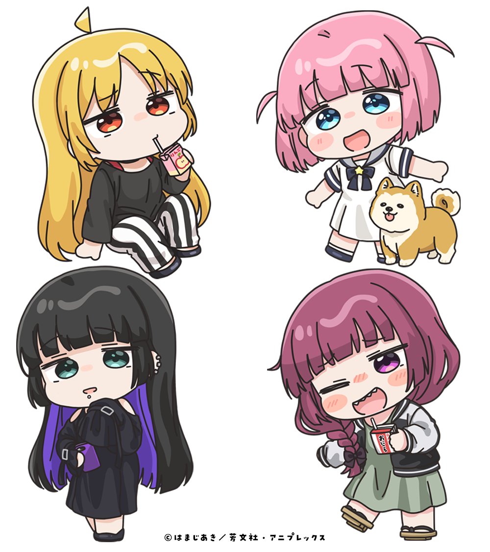 mochimiko, gotoh futari, hiroi kikuri, ijichi seika, jimihen, pa-san, bocchi the rock!, official art, 4girls, :d, ahoge, animal, black bow, black dress, black hair, black jacket, black shirt, black shoes, blonde hair, blue eyes, blush stickers, bow, braid, brown sandals, cellphone, chibi, dog, dress, drinking straw, ear piercing, face piercing, geta, green dress, green eyes, grey sailor collar, hair bow, hair over shoulder, holding, holding phone, jacket, juice carton, letterman jacket, lip piercing, long hair, long sleeves, multicolored hair, multiple girls, open clothes, open jacket, open mouth, pants, parted bangs, phone, piercing, pink hair, purple eyes, purple hair, red eyes, sailor collar, sailor dress, sandals, shirt, shoes, short sleeves, simple background, single braid, sleeves past fingers, sleeves past wrists, smile, striped clothes, striped pants, two-tone hair, two side up, vertical-striped clothes, vertical-striped pants, very long hair, white background, white dress