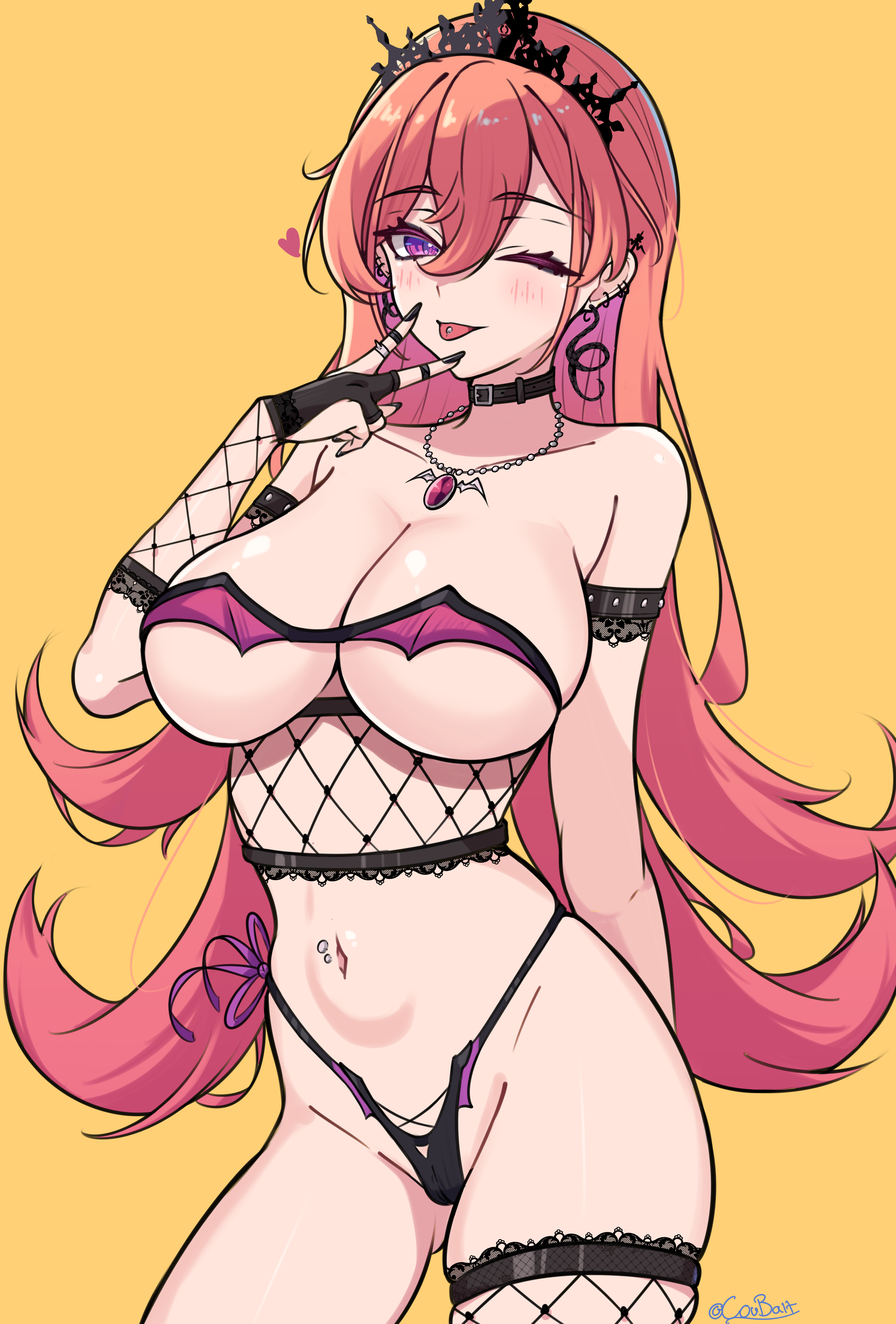 coubalty, runie ruse, phase connect, absurdres, highres, 1girl, bandeau, fishnets, panties, piercing, pink eyes, pink hair, string panties, underwear, virtual youtuber