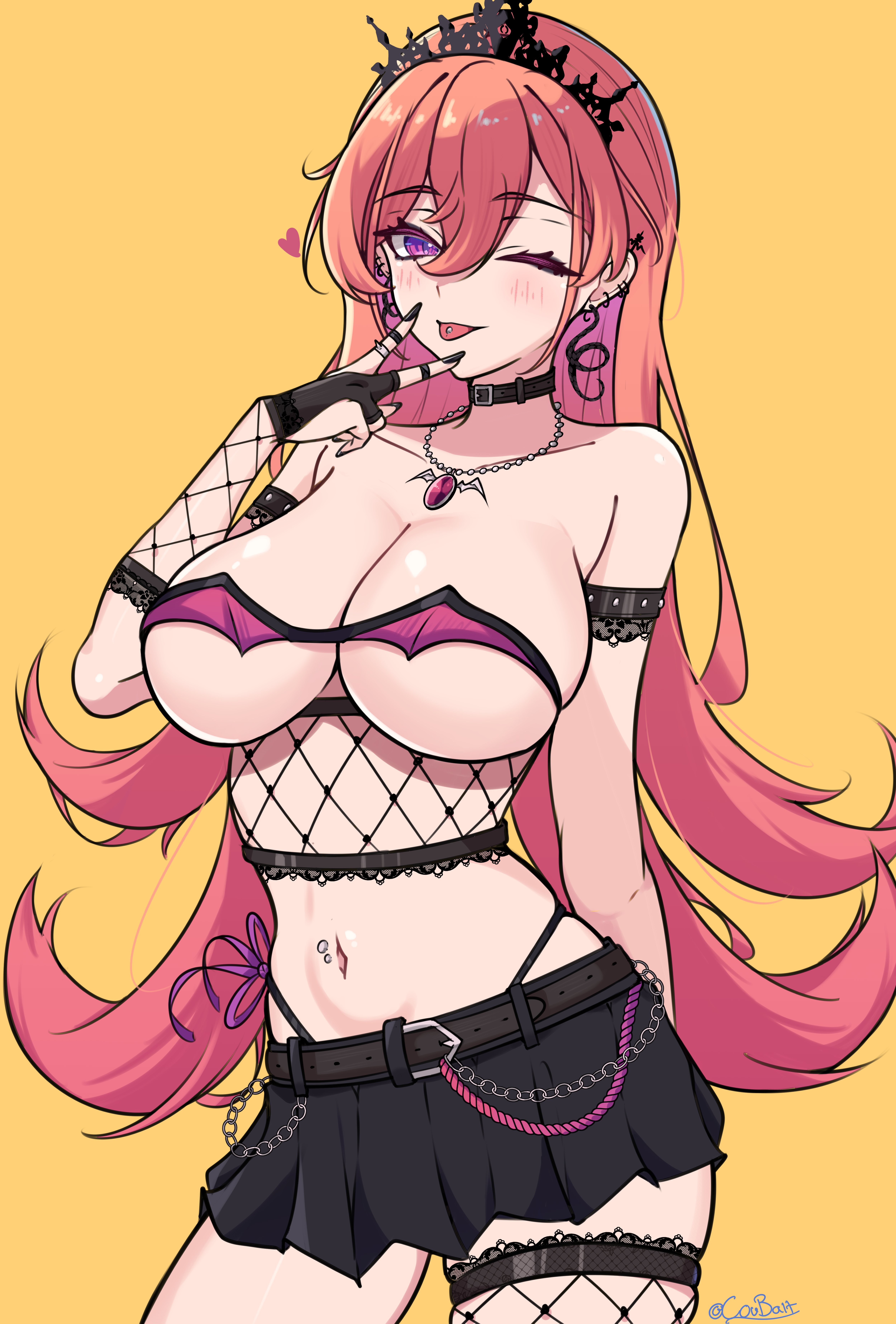 coubalty, runie ruse, phase connect, absurdres, highres, 1girl, bandeau, fishnets, piercing, pink eyes, pink hair, skirt, virtual youtuber