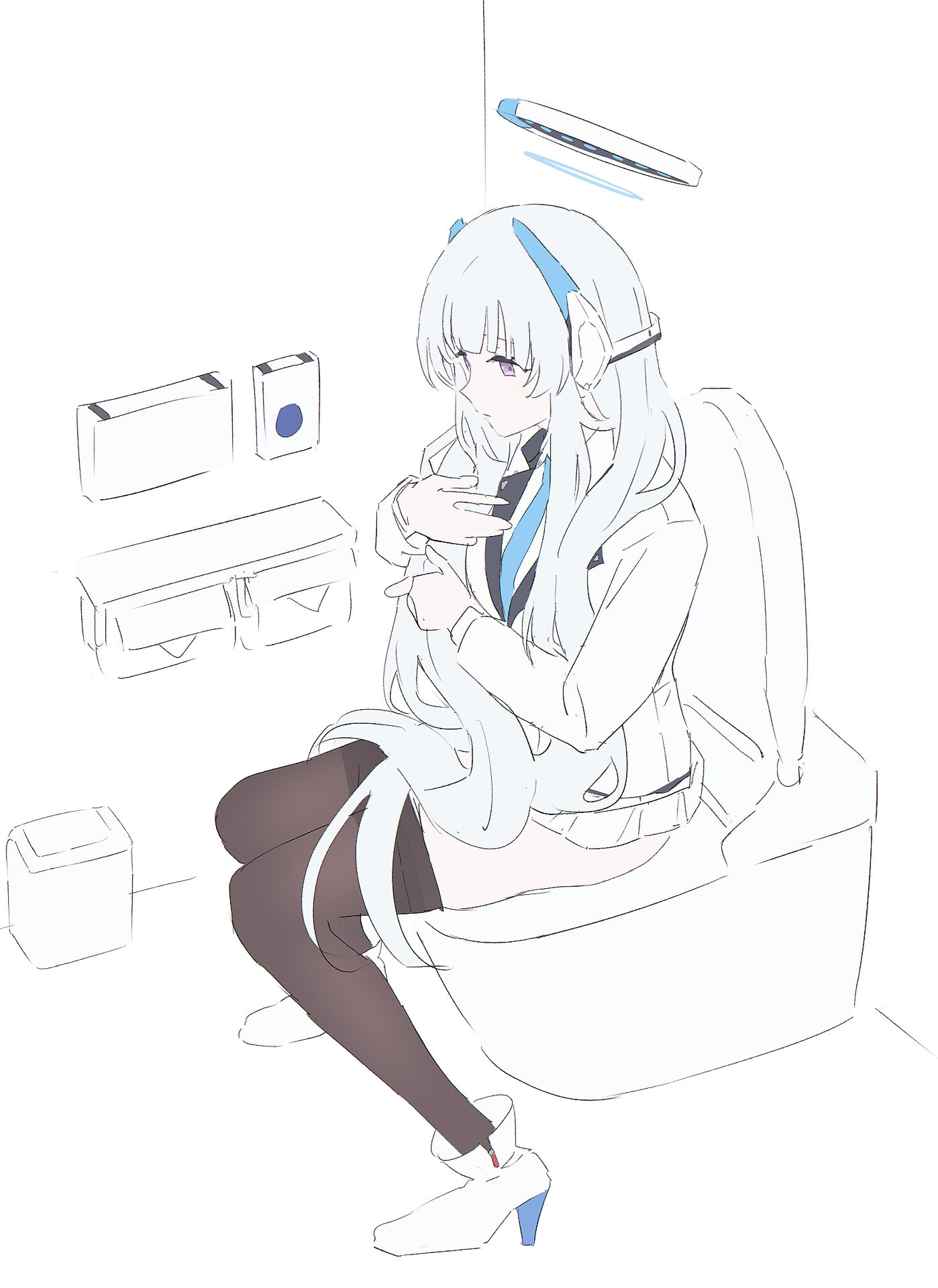 mikazuchi zeus, noa (blue archive), blue archive, highres, 1girl, black pantyhose, blue necktie, clothes pull, hair over shoulder, halo, headgear, long hair, mechanical halo, necktie, pantyhose, pantyhose pull, pleated skirt, purple eyes, shirt, skirt, toilet, toilet paper, toilet stall, toilet use, trash can, very long hair, white background, white hair, white shirt, white skirt