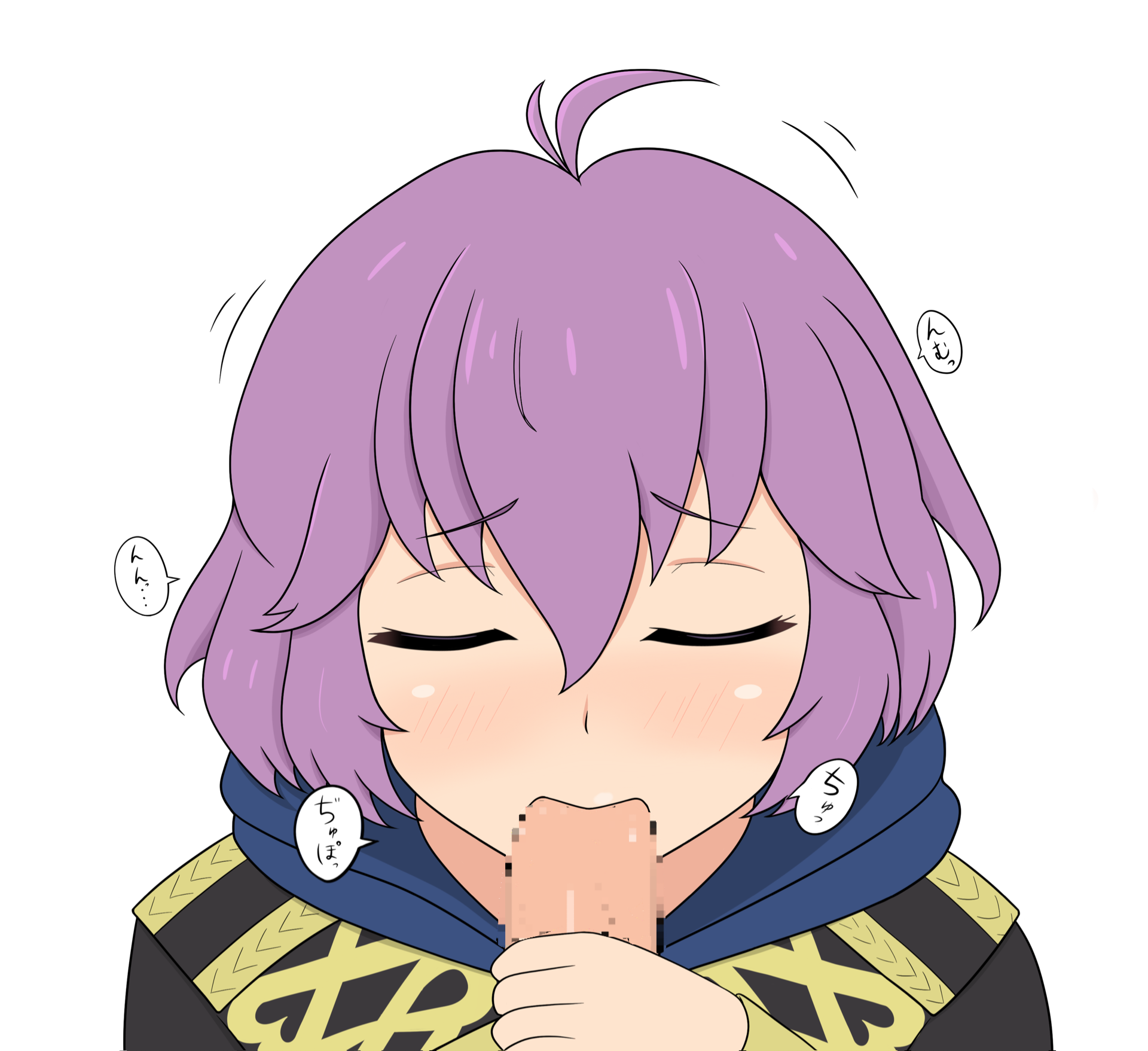 yoshio hentai, bernadetta von varley, fire emblem, fire emblem: three houses, nintendo, commentary request, highres, translation request, 1boy, 1girl, ahoge, blush, censored, closed eyes, fellatio, garreg mach monastery uniform, hair between eyes, hetero, hood, hood down, long sleeves, messy hair, mosaic censoring, oral, penis, pov, purple hair, simple background, solo focus, white background