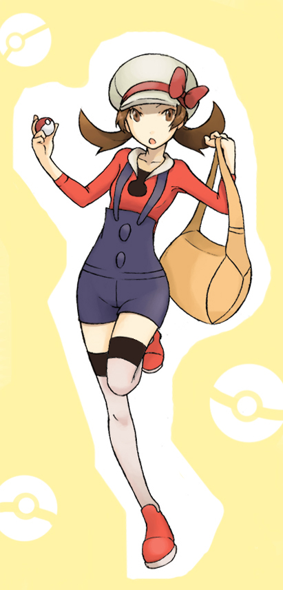 iwao (pixiv258710), lyra (pokemon), nintendo, pokemon, pokemon hgss, bad id, bad pixiv id, long image, tall image, 00s, 1girl, bag, brown eyes, brown hair, female focus, hat, hat ribbon, holding, holding poke ball, kneehighs, newsboy cap, overalls, poke ball, poke ball (basic), poke ball theme, red ribbon, ribbon, short twintails, socks, solo, thighhighs, twintails