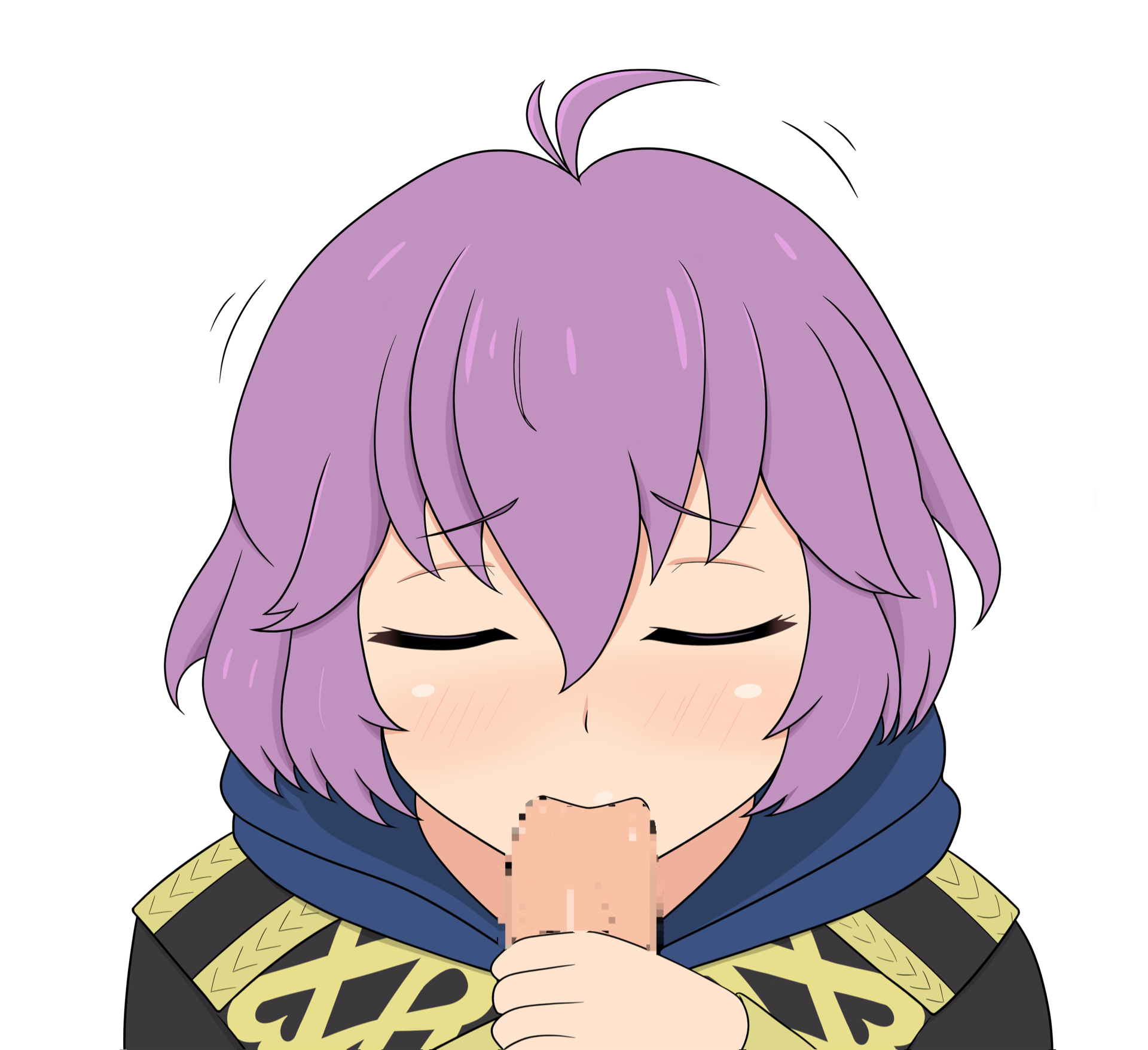 yoshio hentai, bernadetta von varley, fire emblem, fire emblem: three houses, nintendo, commentary request, highres, textless version, 1boy, 1girl, ahoge, blush, censored, closed eyes, fellatio, garreg mach monastery uniform, hair between eyes, hetero, hood, hood down, long sleeves, messy hair, mosaic censoring, oral, penis, pov, purple hair, simple background, solo focus, white background