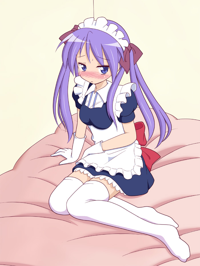 mel (artist), mel (melty pot), hiiragi kagami, lucky star, 00s, 1girl, alternate costume, blush, enmaided, feet, female focus, gloves, long hair, maid, maid headdress, purple hair, short sleeves, sitting, solo, thighhighs, twintails, white gloves, white thighhighs, zettai ryouiki
