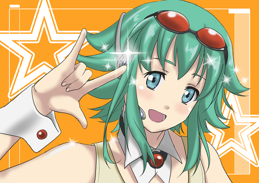 nagareboshi, gumi, nakajima megumi, ranka lee, macross, macross frontier, vocaloid, 1girl, female focus, green hair, headset, m/, parody, seikan hikou, solo, star (symbol), voice actor connection, wing collar, wrist cuffs