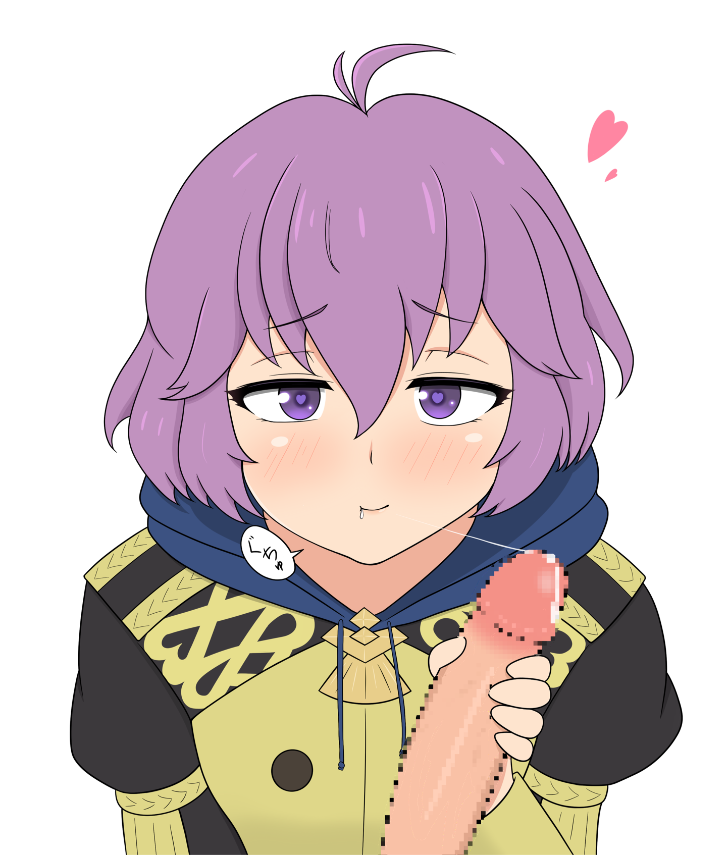 yoshio hentai, bernadetta von varley, fire emblem, fire emblem: three houses, nintendo, commentary request, highres, translation request, 1boy, 1girl, after fellatio, ahoge, blush, censored, cum, cum in mouth, cum string, garreg mach monastery uniform, hair between eyes, heart, heart-shaped pupils, hetero, hood, hood down, long sleeves, looking at viewer, messy hair, mosaic censoring, penis, pov, purple eyes, purple hair, simple background, smile, solo focus, symbol-shaped pupils, white background
