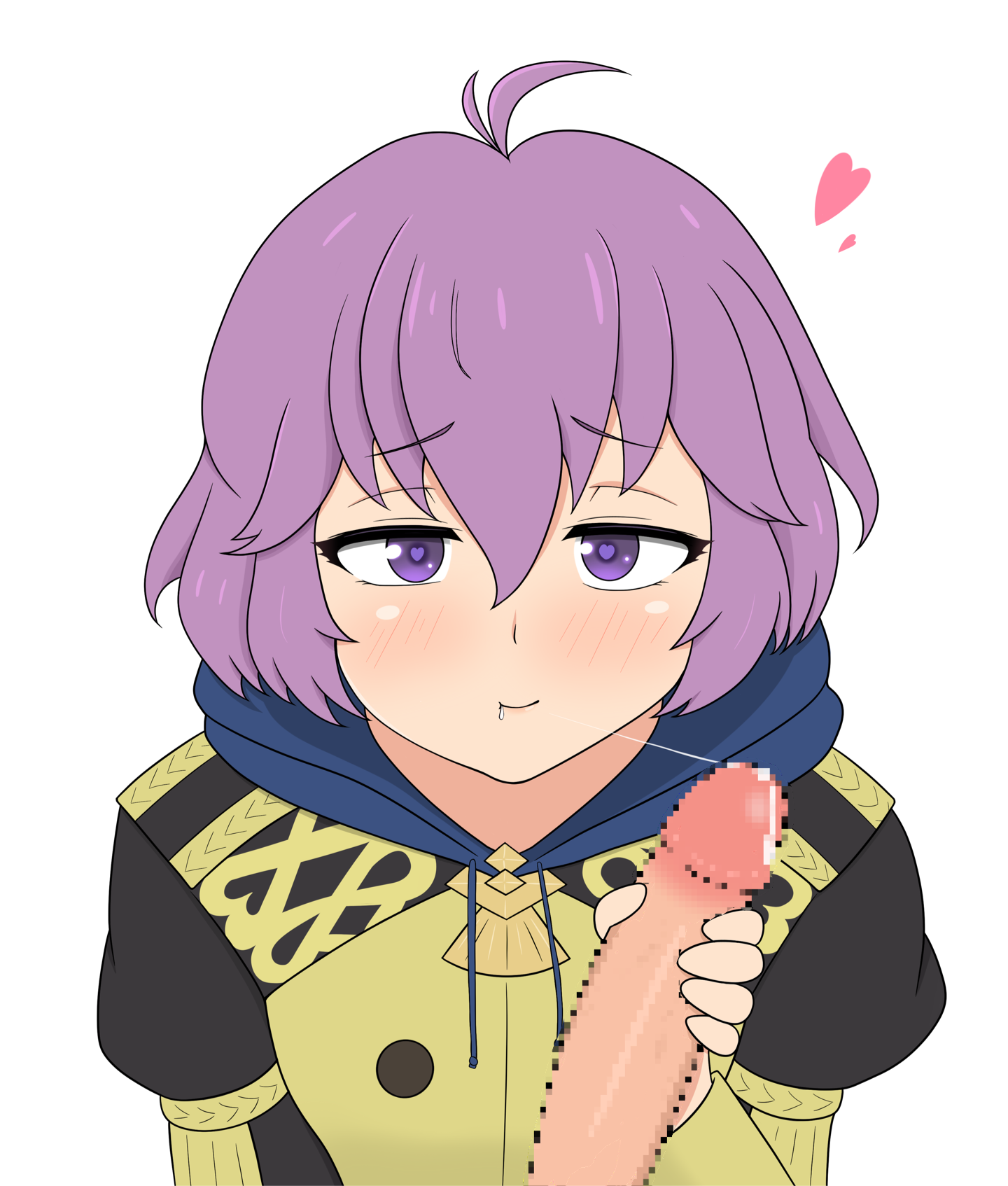 yoshio hentai, bernadetta von varley, fire emblem, fire emblem: three houses, nintendo, commentary request, highres, textless version, 1boy, 1girl, after fellatio, ahoge, blush, censored, cum, cum in mouth, cum string, garreg mach monastery uniform, hair between eyes, heart, heart-shaped pupils, hetero, hood, hood down, long sleeves, looking at viewer, messy hair, mosaic censoring, penis, pov, purple eyes, purple hair, simple background, smile, solo focus, symbol-shaped pupils, white background