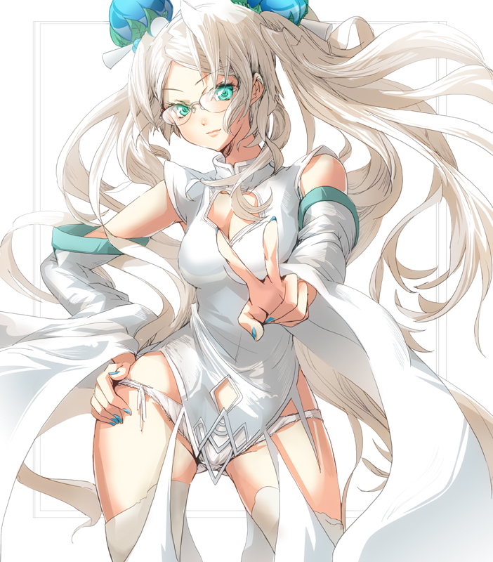 tanupo, original, 1girl, aqua eyes, breasts, cleavage, cleavage cutout, clothing cutout, detached sleeves, female focus, glasses, large breasts, long hair, panties, solo, twintails, underwear, v, very long hair