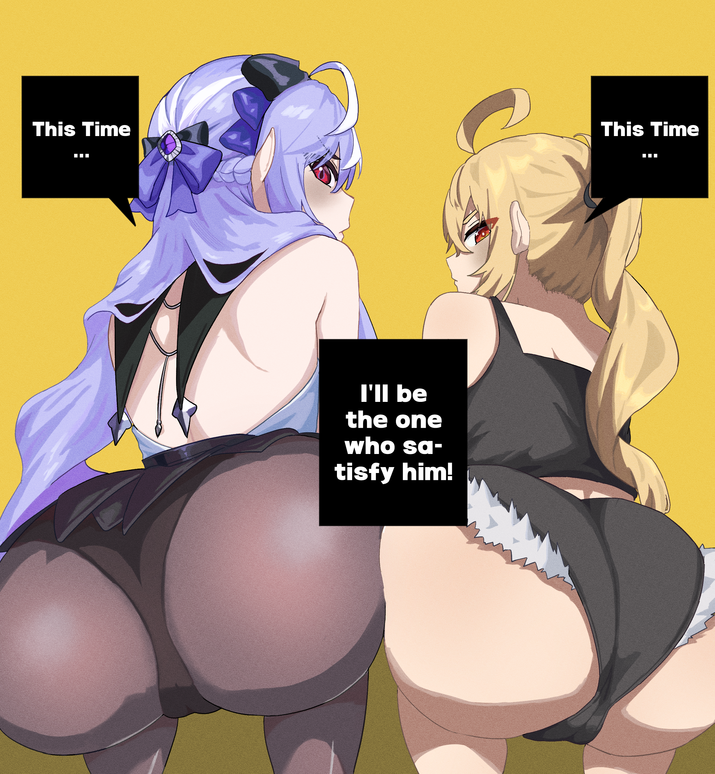 niwasa izuna, luciana de montefio, vivian banshee, zenless zone zero, absurdres, highres, 2girls, ahoge, ass, ass-to-ass, ass focus, ass press, bare shoulders, blonde hair, blush, cameltoe, from behind, hair ribbon, half updo, huge ass, long hair, looking at viewer, looking back, multicolored hair, multiple girls, panties, panties under pantyhose, pantyhose, pointy ears, ponytail, purple hair, red eyes, ribbon, short shorts, shorts, underwear, very long hair, white hair