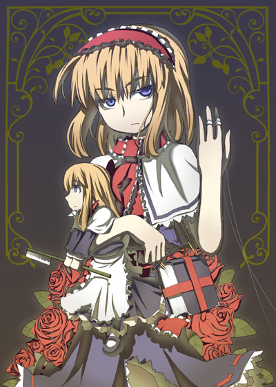 ooide chousuke, alice margatroid, shanghai doll, touhou, 1girl, blonde hair, blue dress, blue eyes, doll, dress, expressionless, female focus, flower, looking at viewer, looking back, necktie, red flower, red rose, rose, short hair, solo