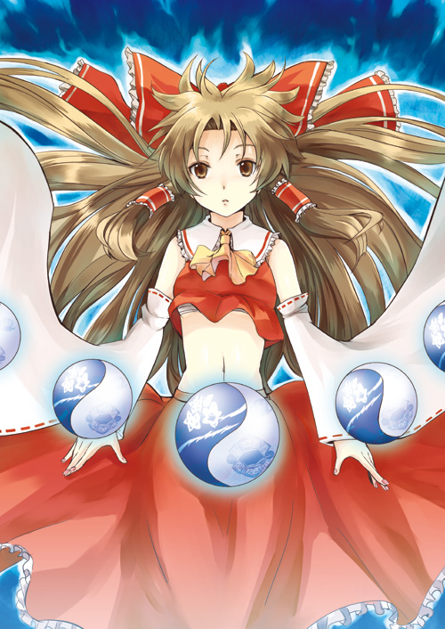 gin'ichi (akacia), ginichi, hakurei reimu, touhou, 1girl, bow, brown eyes, brown hair, detached sleeves, expressionless, female focus, floating hair, hair bow, japanese clothes, long hair, midriff, miko, nail polish, navel, pink nails, sarashi, solo, yin yang