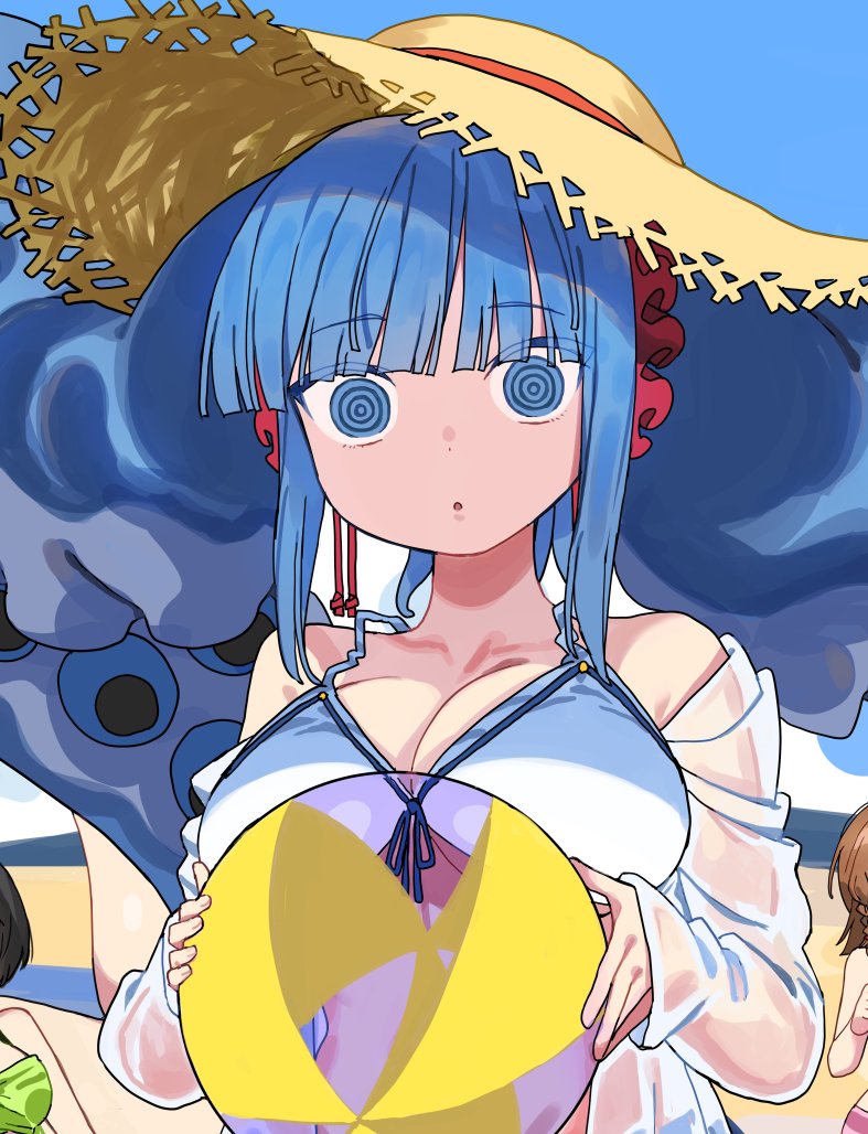 megame (okbnkn), mizudako-chan (okbnkn), mizudako-chan kara wa nigerarenai!, commentary request, 1girl, ball, bare shoulders, beachball, bikini, blue eyes, blue sky, breasts, hat, head out of frame, holding, holding ball, holding beachball, large breasts, looking at viewer, parted lips, ringed eyes, sky, solo, sun hat, swimsuit, swimsuit cover-up, tentacle hair, upper body, white bikini