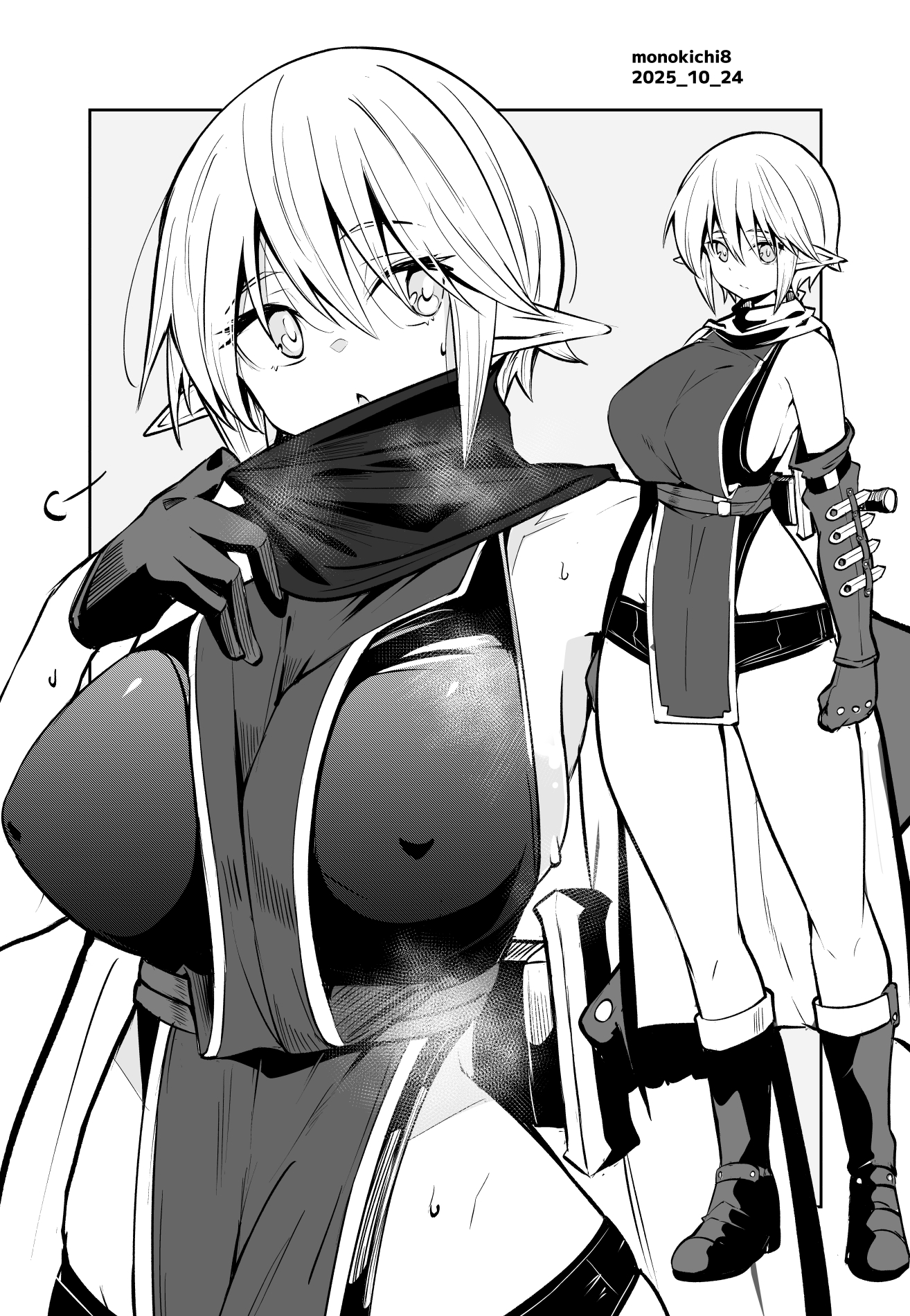 kichihachi, original, commentary request, highres, 1girl, artist name, boots, breasts, covered erect nipples, dated, elf, full body, gloves, grey background, greyscale, hair between eyes, large breasts, looking at viewer, monochrome, multiple views, open mouth, pelvic curtain, pointy ears, scarf, short hair, standing, sweat, thighs, two-tone background