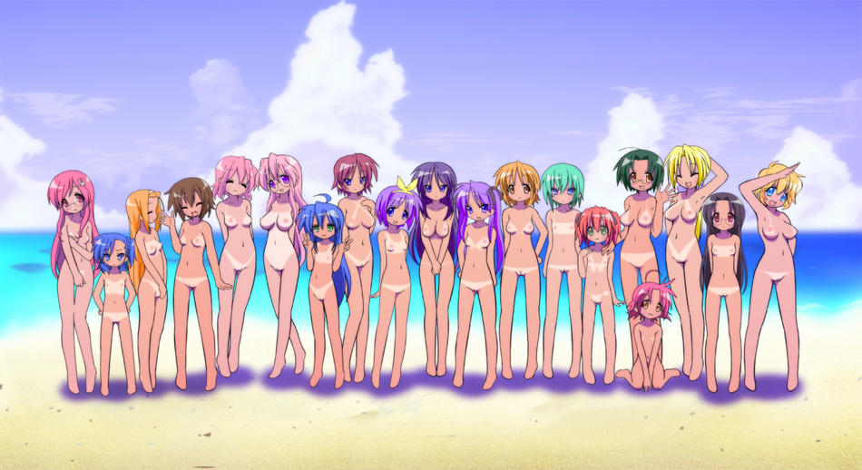 poltesimo, hiiragi inori, hiiragi kagami, hiiragi matsuri, hiiragi miki, hiiragi tsukasa, iwasaki minami, izumi konata, kobayakawa yutaka, kogami akira, kuroi nanako, kusakabe misao, minegishi ayano, miyakawa hikage, miyakawa hinata, narumi yui, patricia martin, takara miyuki, takara yukari, tamura hiyori, lucky star, 00s, 6+girls, age difference, armpits, beach, blonde hair, blue eyes, cloud, everyone, flat chest, lineup, loli, mother and daughter, multiple girls, nude, nudist, sand, siblings, sisters, sky, standing, tan, tanline, twins, water