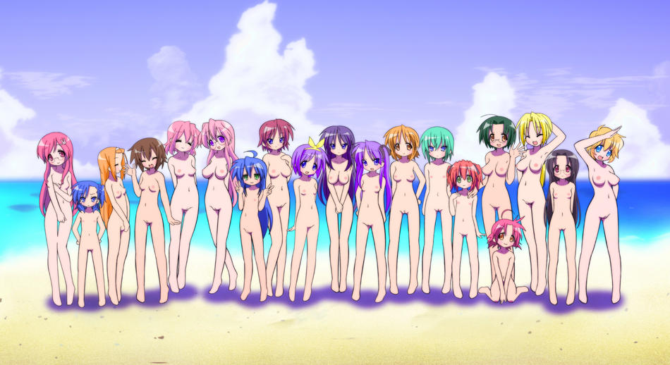 poltesimo, hiiragi inori, hiiragi kagami, hiiragi matsuri, hiiragi miki, hiiragi tsukasa, iwasaki minami, izumi konata, kobayakawa yutaka, kogami akira, kuroi nanako, kusakabe misao, minegishi ayano, miyakawa hikage, miyakawa hinata, narumi yui, patricia martin, takara miyuki, takara yukari, tamura hiyori, lucky star, 6+girls, age difference, beach, blonde hair, blue eyes, breasts, everyone, flat chest, loli, mother and daughter, multiple girls, nude