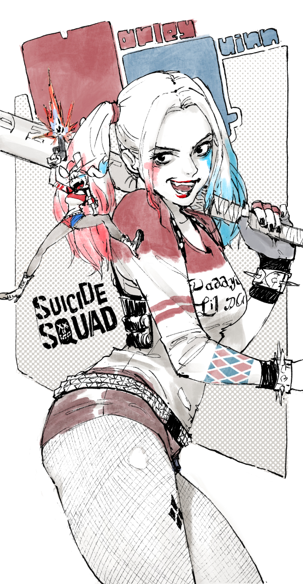 12v, harley quinn, batman (series), dc comics, dc extended universe, suicide squad, the suicide squad (2021 movie), commentary, 1girl, belt, black eyes, black nails, bracelet, character name, clothes writing, colored tips, copyright name, english text, firing, fishnet pantyhose, fishnets, gun, jewelry, looking at viewer, multicolored hair, multiple views, open mouth, pantyhose, short shorts, shorts, solo, spiked bracelet, spikes, twintails, weapon