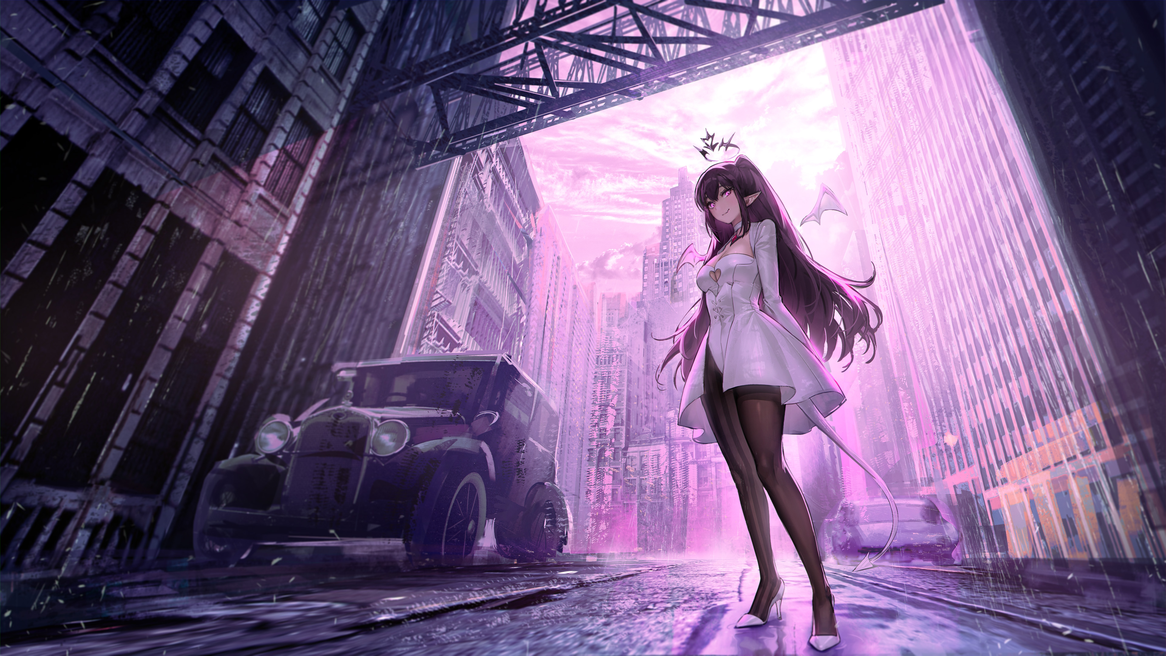 sowb, original, absurdres, highres, 1girl, antique car, black pantyhose, breasts, building, car, choker, city, cleavage, closed mouth, clothing cutout, demon girl, demon tail, demon wings, dress, gem, glowing, glowing eyes, halo crown, heart cutout, high heels, large breasts, leotard, long hair, looking at viewer, motor vehicle, one side up, outdoors, pantyhose, pointy ears, purple eyes, purple hair, rain, red gemstone, shoes, sidelocks, skyscraper, solo, striped clothes, striped pantyhose, tail, truss, white choker, white dress, white leotard, white shoes, wide shot, wings