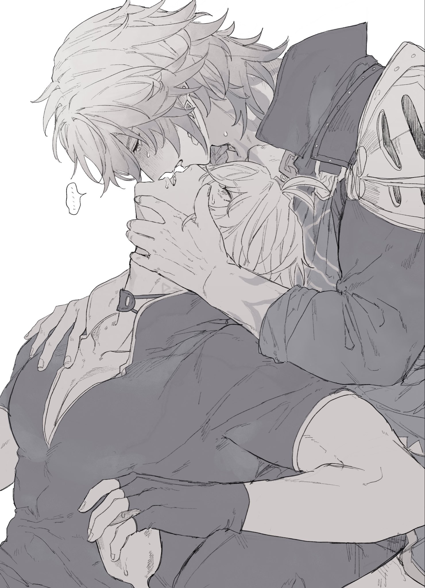 ramuniku ooo, mydei (honkai: star rail), phainon (honkai: star rail), honkai: star rail, honkai (series), commentary request, highres, …, 2boys, arm tattoo, armor, black choker, black coat, black gloves, black shirt, blush, choker, coat, cup, fingerless gloves, from side, gloves, greyscale, hand on another's shoulder, holding, holding cup, imminent kiss, male focus, medium hair, monochrome, multiple boys, neck tattoo, pauldrons, profile, shirt, short sleeves, shoulder armor, simple background, single pauldron, spoken ellipsis, sun symbol, sun tattoo, tan, tattoo, white background, yaoi