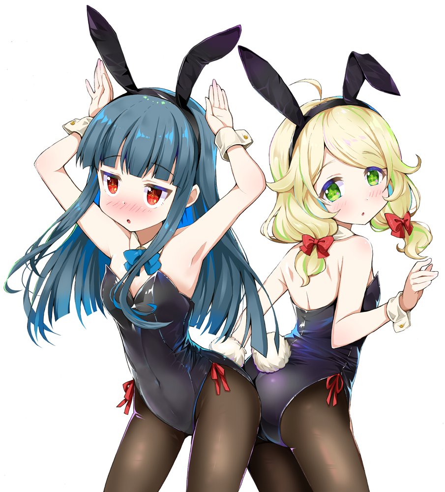 michii yuuki, sajo yukimi, yusa kozue, idolmaster, idolmaster cinderella girls, 2girls, ahoge, animal ear hairband, animal ears, armpits, arms up, ass, back-to-back, bare shoulders, black hair, black hairband, black leotard, blonde hair, blue bow, blue bowtie, blunt bangs, blunt ends, blush, bow, bowtie, breasts, brown pantyhose, covered navel, cowboy shot, detached collar, fake animal ears, fake tail, green eyes, hair bow, hairband, jitome, leotard, long hair, looking at viewer, looking back, low twintails, medium hair, multiple girls, pantyhose, parted lips, playboy bunny, rabbit ears, rabbit pose, rabbit tail, red bow, red eyes, simple background, small breasts, strapless, strapless leotard, tail, tareme, twintails, white background, wrist cuffs