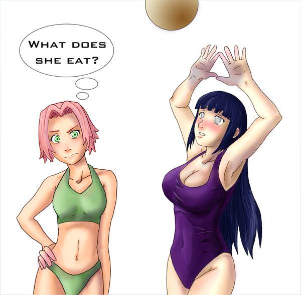 haruno sakura, hyuuga hinata, naruto (classic), naruto (series), dark blue hair, artist request, source request, 2girls, armpits, arms up, ball, bare arms, bikini, blue hair, blunt bangs, blush, breast envy, breasts, cleavage, closed mouth, collarbone, cowboy shot, embarrassed, empty eyes, english text, facing viewer, forehead, green bikini, green eyes, hand on own hip, hands up, hime cut, large breasts, long hair, looking at another, looking up, midriff, multiple girls, navel, one-piece swimsuit, parted lips, pink hair, purple one-piece swimsuit, short hair, shy, simple background, small breasts, speech bubble, standing, stomach, swimsuit, teeth, thinking, thought bubble, white background, white eyes