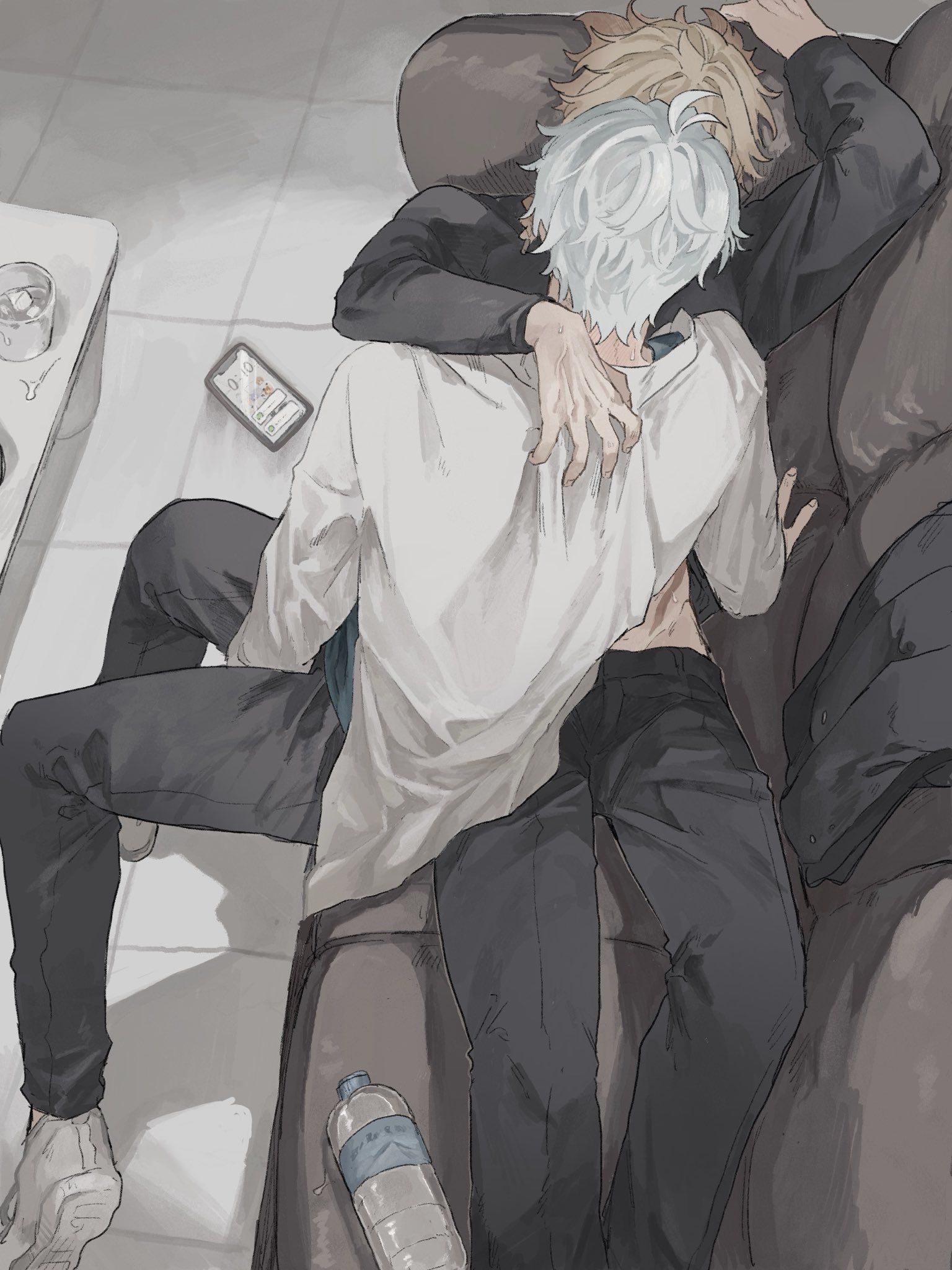 ramuniku ooo, mydei (honkai: star rail), phainon (honkai: star rail), honkai: star rail, honkai (series), commentary request, highres, 2boys, antenna hair, black pants, black sweater, blonde hair, braid, collared shirt, couch, gradient hair, hand on another's shoulder, lying, male focus, medium hair, multicolored hair, multiple boys, on back, on couch, pants, red hair, red tattoo, shirt, shoes, short hair, side braid, sweater, white hair, white shirt, white shoes, yaoi