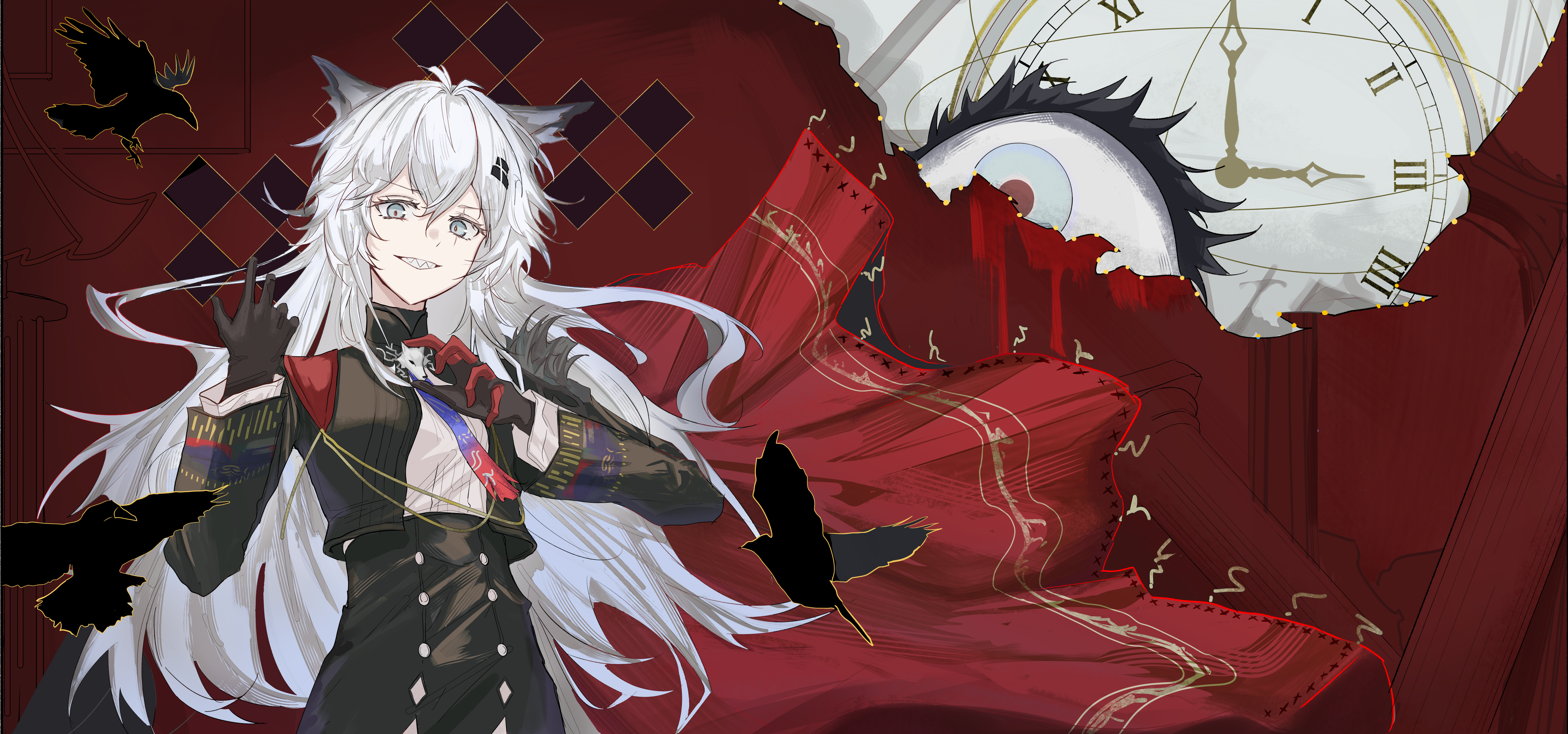 kaera, lappland (arknights), lappland the decadenza (arknights), arknights, absurdres, highres, 1girl, animal ears, black gloves, black jacket, black skirt, bolo tie, cape, dial, gloves, grey eyes, hair between eyes, hair ornament, hairclip, high-waist skirt, jacket, long hair, long sleeves, red cape, red gloves, roman numeral, scar, scar across eye, scar on face, sharp teeth, skirt, solo, teeth, white hair, wolf ears, wolf girl